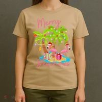 Merry Beachmas Christmas Palm Trees Xmas Lights Flamingos T-Shirt thumb 4