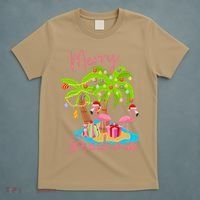Merry Beachmas Christmas Palm Trees Xmas Lights Flamingos T-Shirt thumb 5