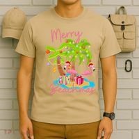 Merry Beachmas Christmas Palm Trees Xmas Lights Flamingos T-Shirt thumb 6