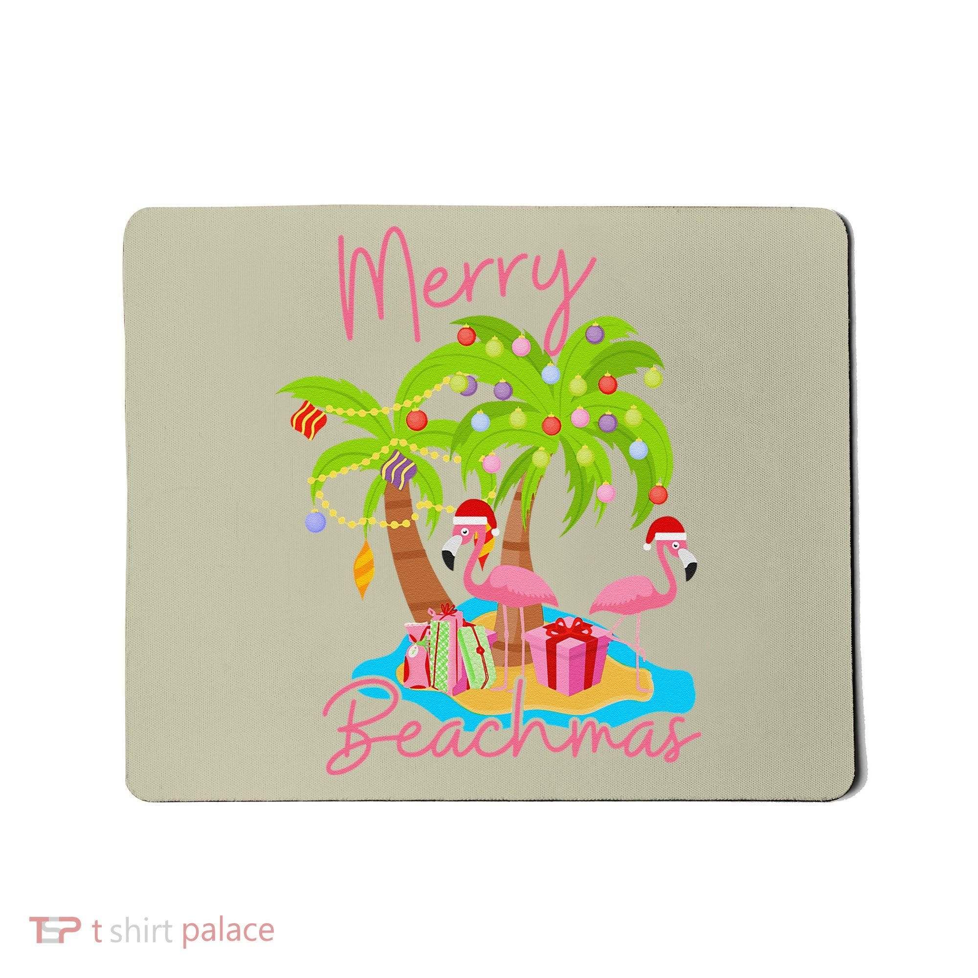 Merry Beachmas Christmas Palm Trees Xmas Lights Flamingos Mousepad