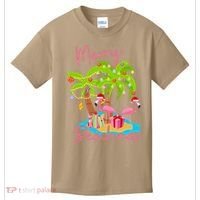 Merry Beachmas Christmas Palm Trees Xmas Lights Flamingos Kids T-Shirt thumb 0