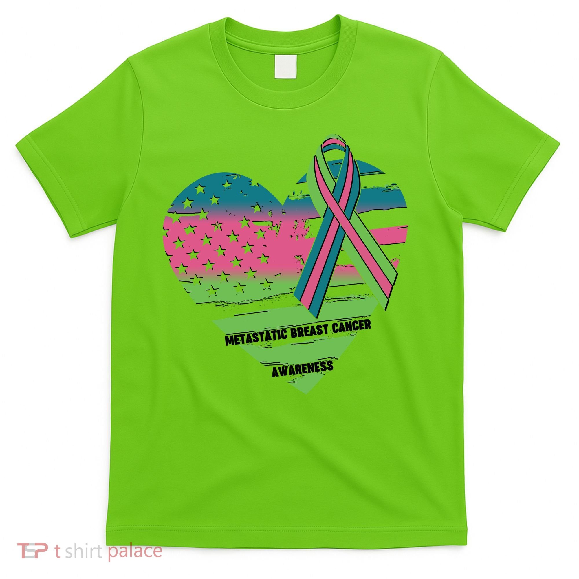 Metastatic Breast Cancer Awareness USA American Flag Ribbon Heart T-Shirt
