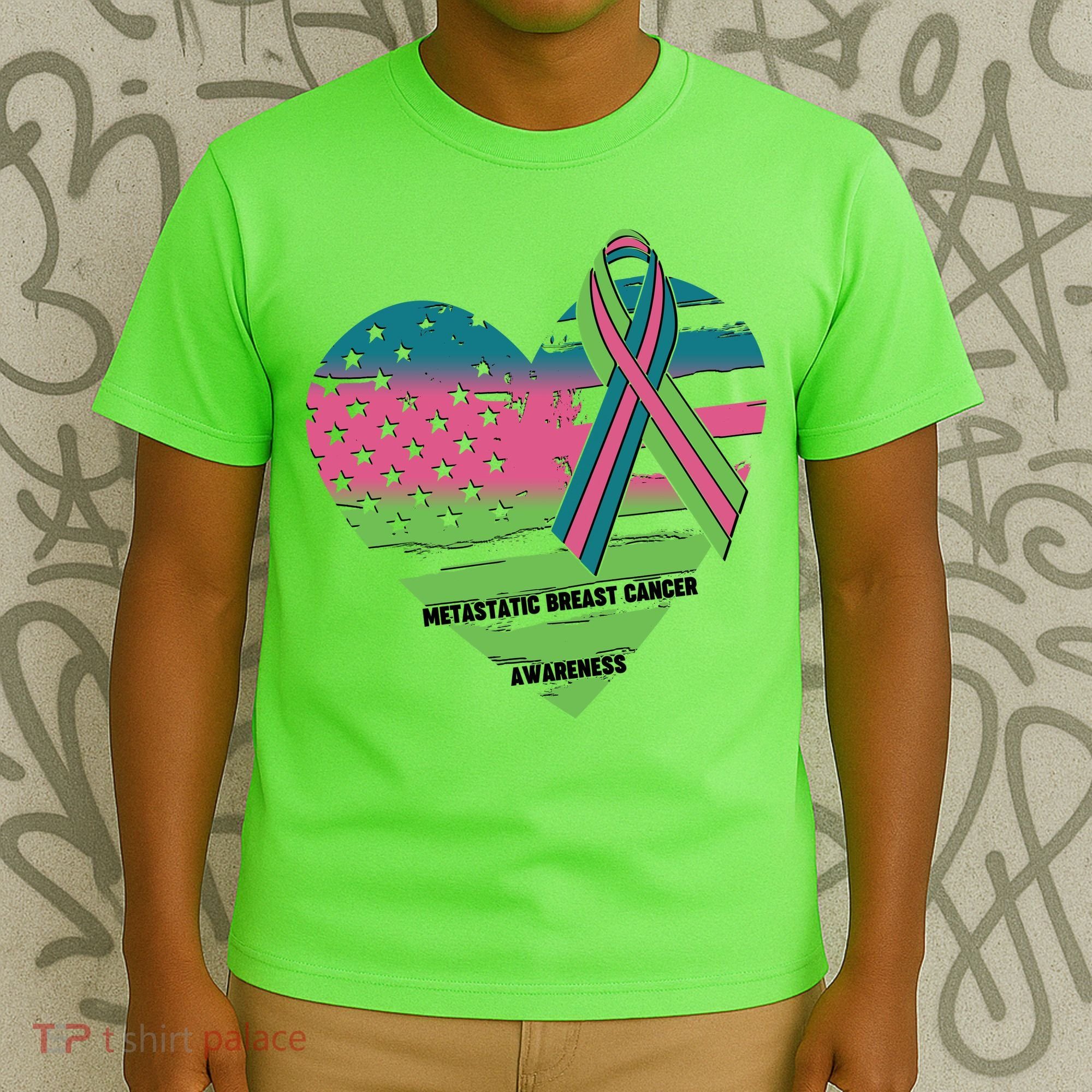 Metastatic Breast Cancer Awareness USA American Flag Ribbon Heart T-Shirt