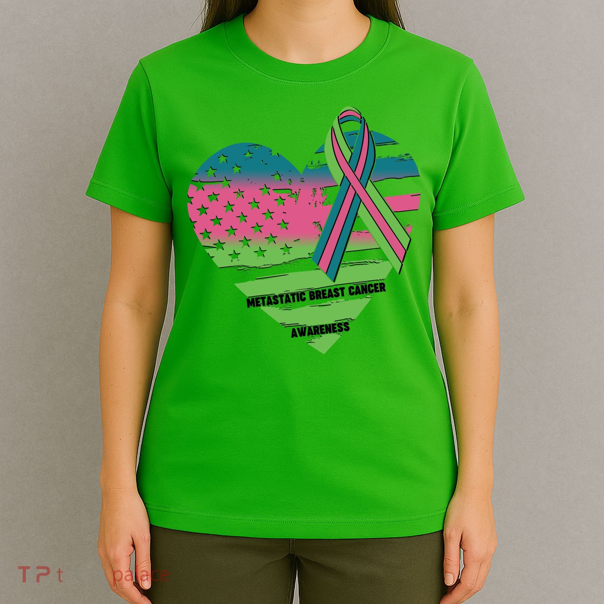 Metastatic Breast Cancer Awareness USA American Flag Ribbon Heart T-Shirt