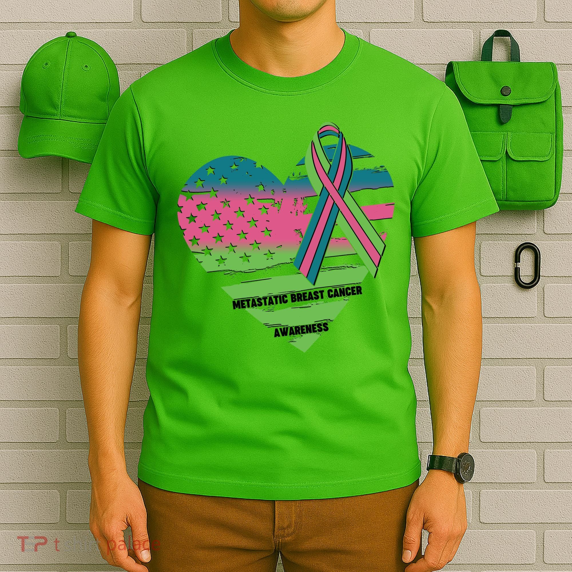 Metastatic Breast Cancer Awareness USA American Flag Ribbon Heart T-Shirt