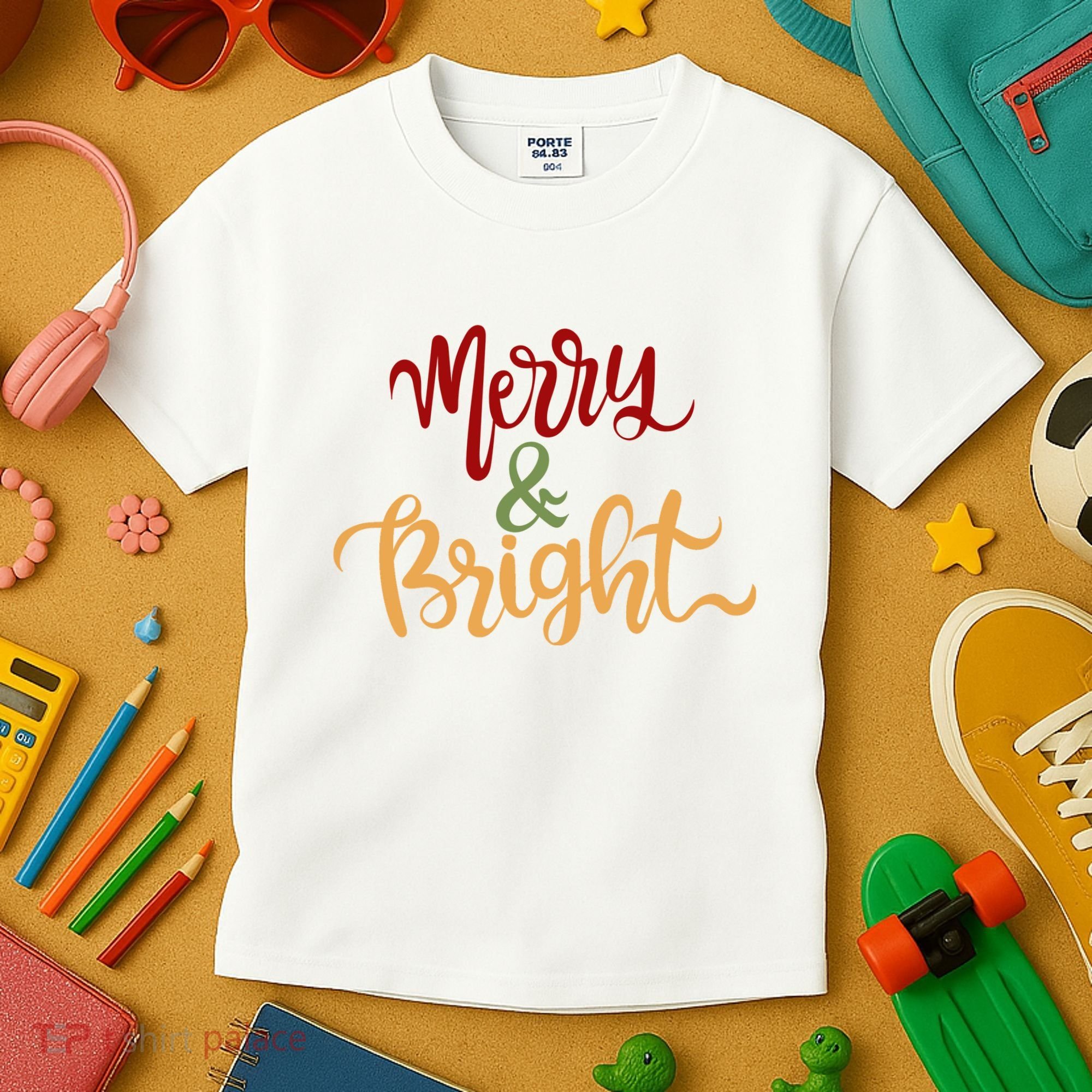 Merry & Bright Christmas Festive Holiday Spirit Kids T-Shirt