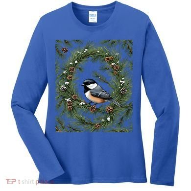 Maine Black Capped Chickadee With Pine Funny Gift Women's Long Sleeve Shirt