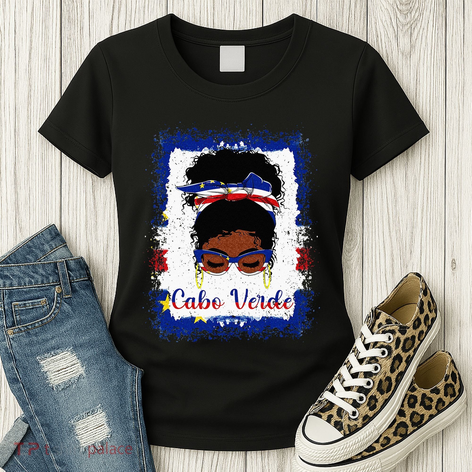 Messy Bun Cape Verdean Cabo Verde Flag Woman Girl Women's T-Shirt