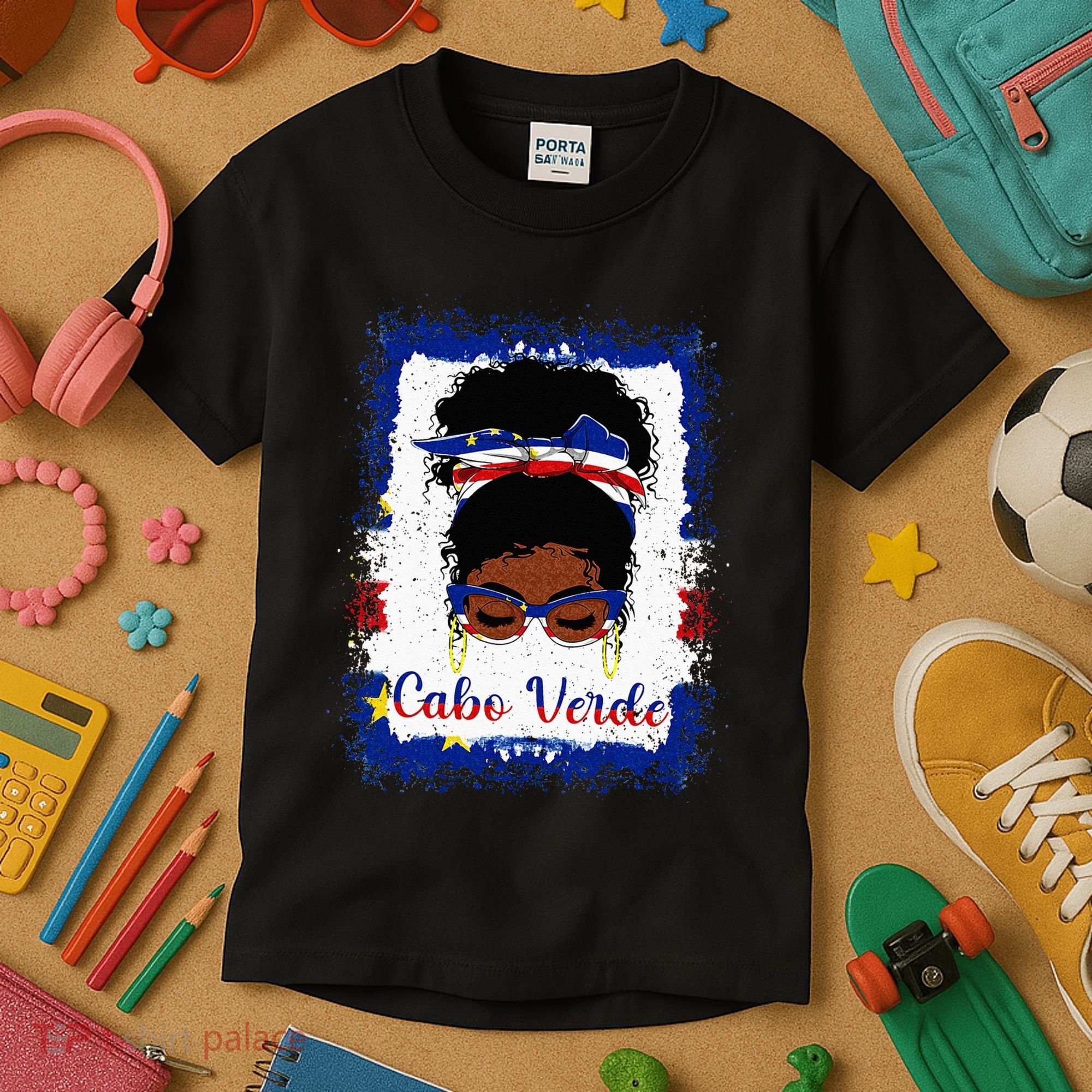 Messy Bun Cape Verdean Cabo Verde Flag Woman Girl Kids T-Shirt