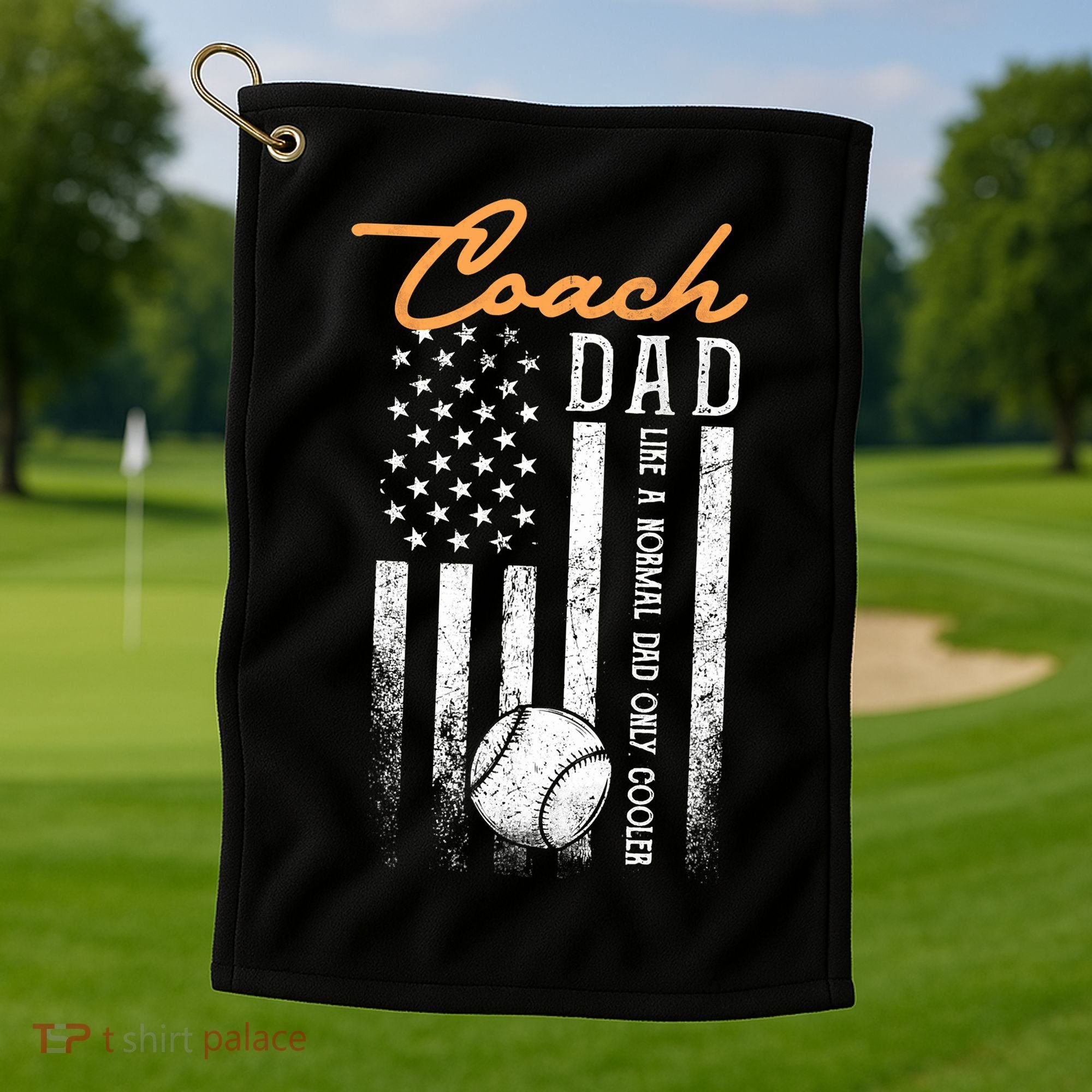 Mens Baseball Coach Dad Like A Normal Dad Only Cooler USA Flag Golf Towel