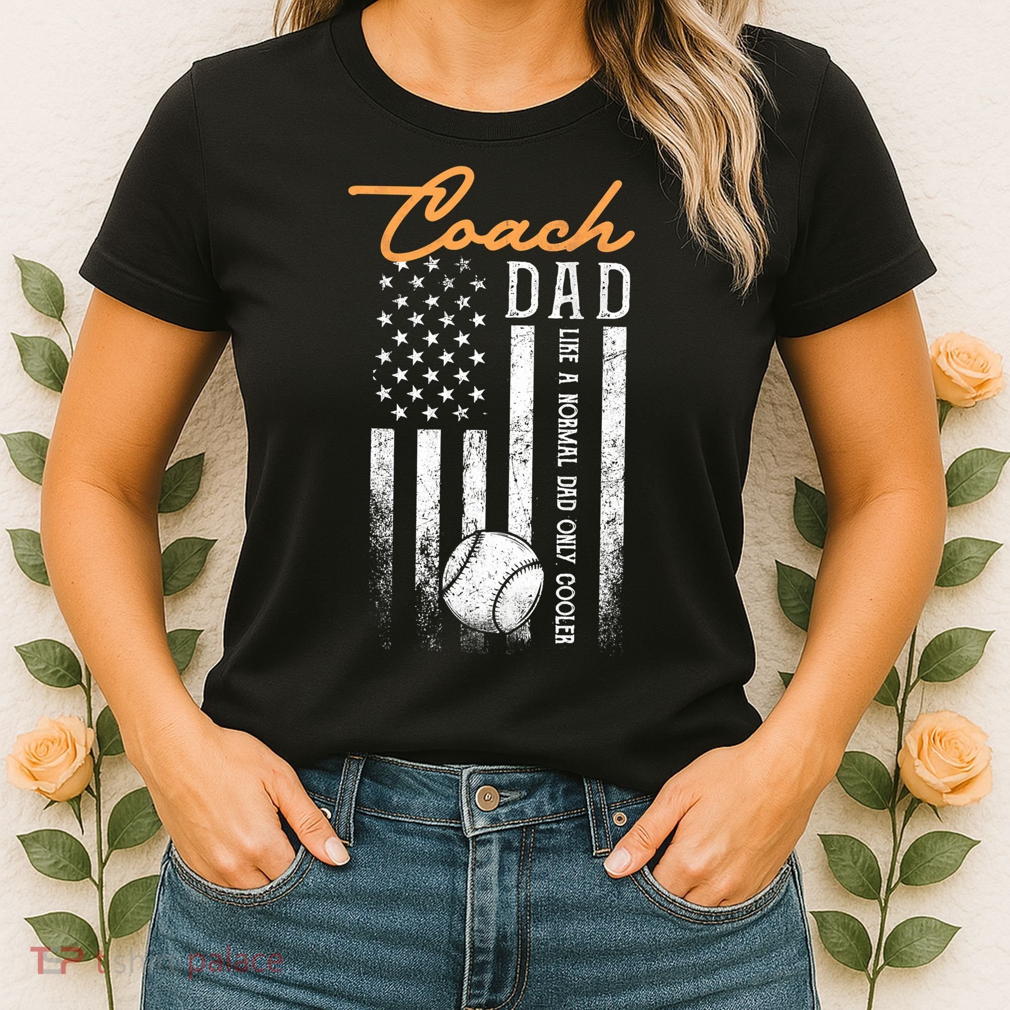 Mens Baseball Coach Dad Like A Normal Dad Only Cooler USA Flag Women's T-Shirt