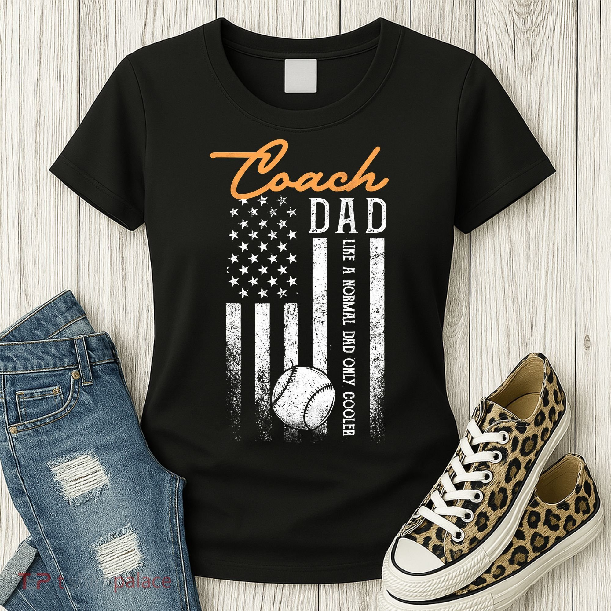 Mens Baseball Coach Dad Like A Normal Dad Only Cooler USA Flag Women's T-Shirt