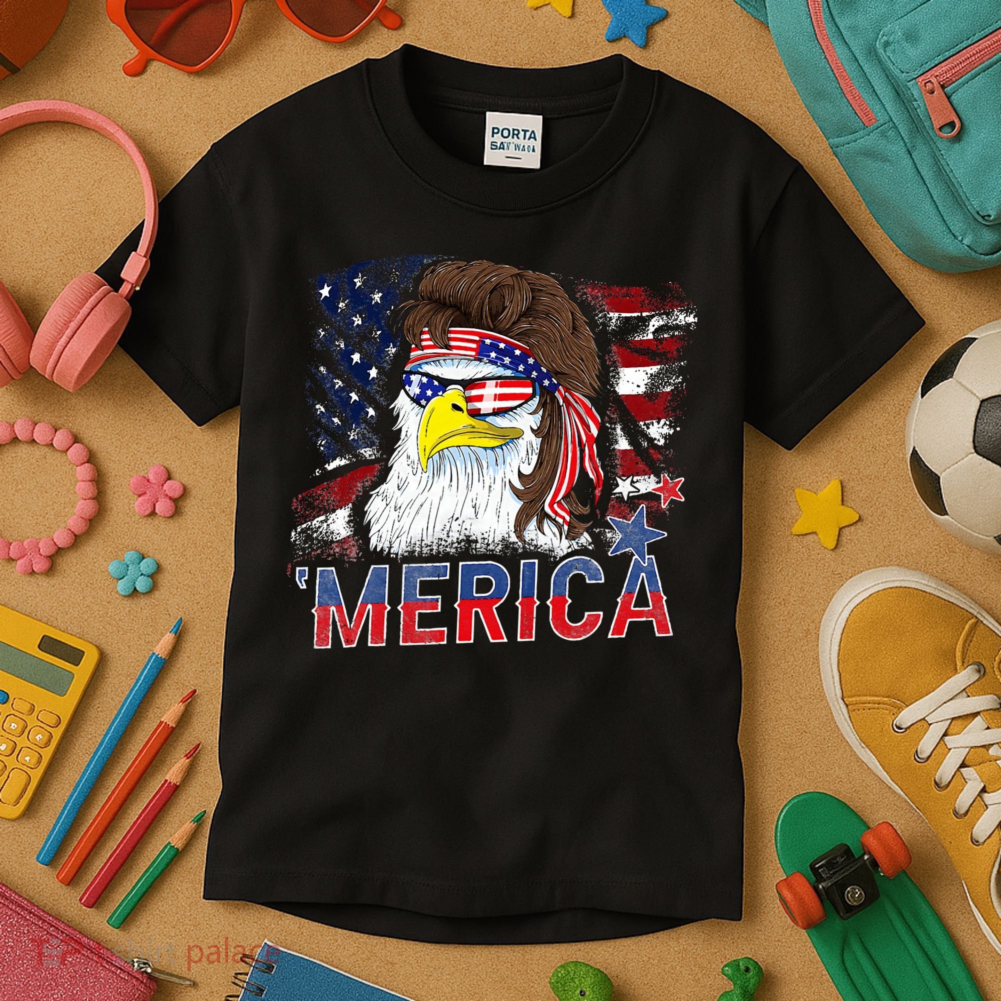 Merica Bald Eagle Mullet 4th Of July American Flag Patriotic Kids T-Shirt