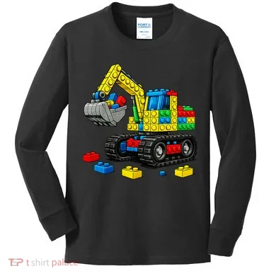 Master Builder Excavator Construction Building Bricks Blocks Kids Long Sleeve Shirt