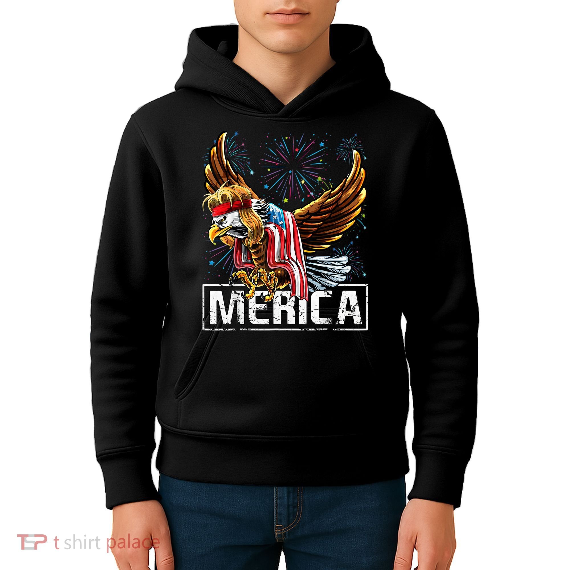 Merica Bald Eagle Mullet 4th of July American Flag Patriotic Kids Hoodie