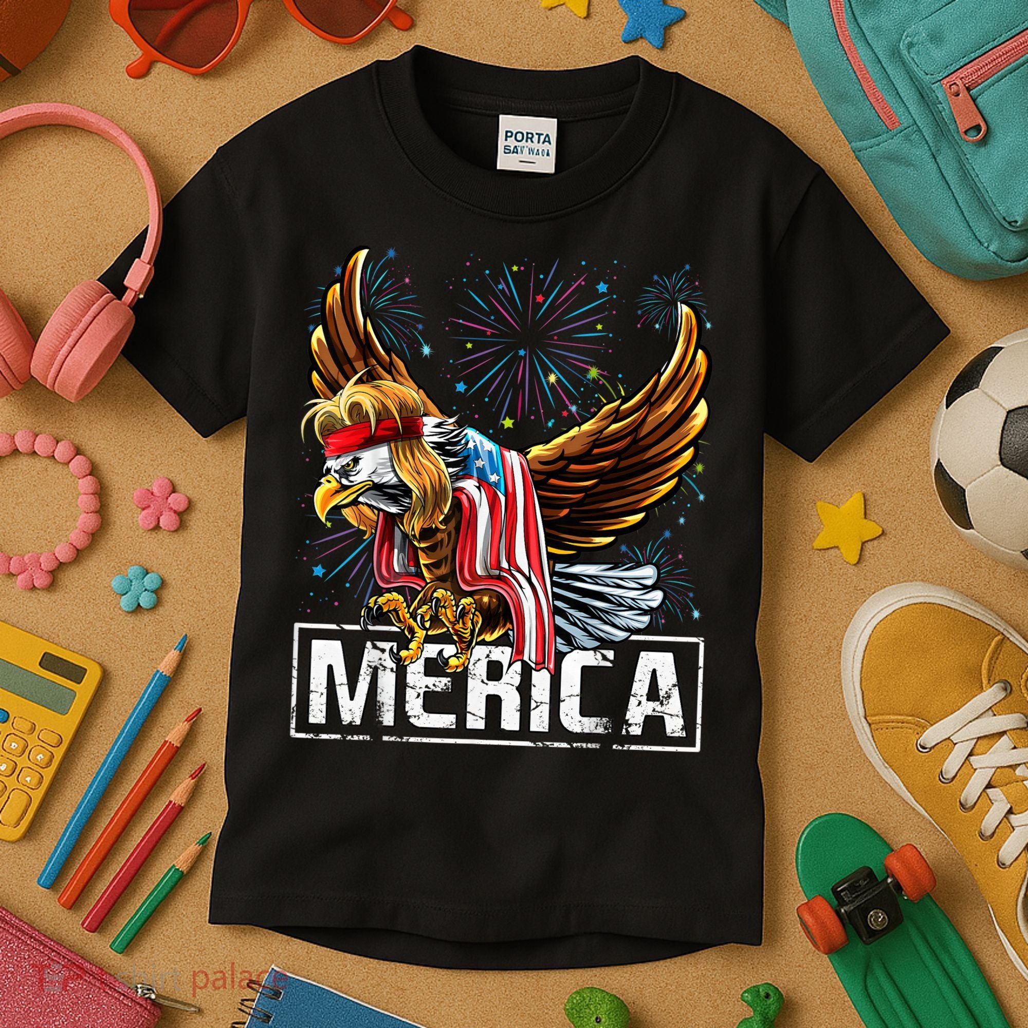 Merica Bald Eagle Mullet 4th of July American Flag Patriotic Kids T-Shirt