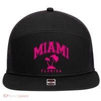 Miami Beach Florida Palms Palm Trees Preppy Varsity Pink 7 Panel Mesh Trucker Snapback Hat thumb 0