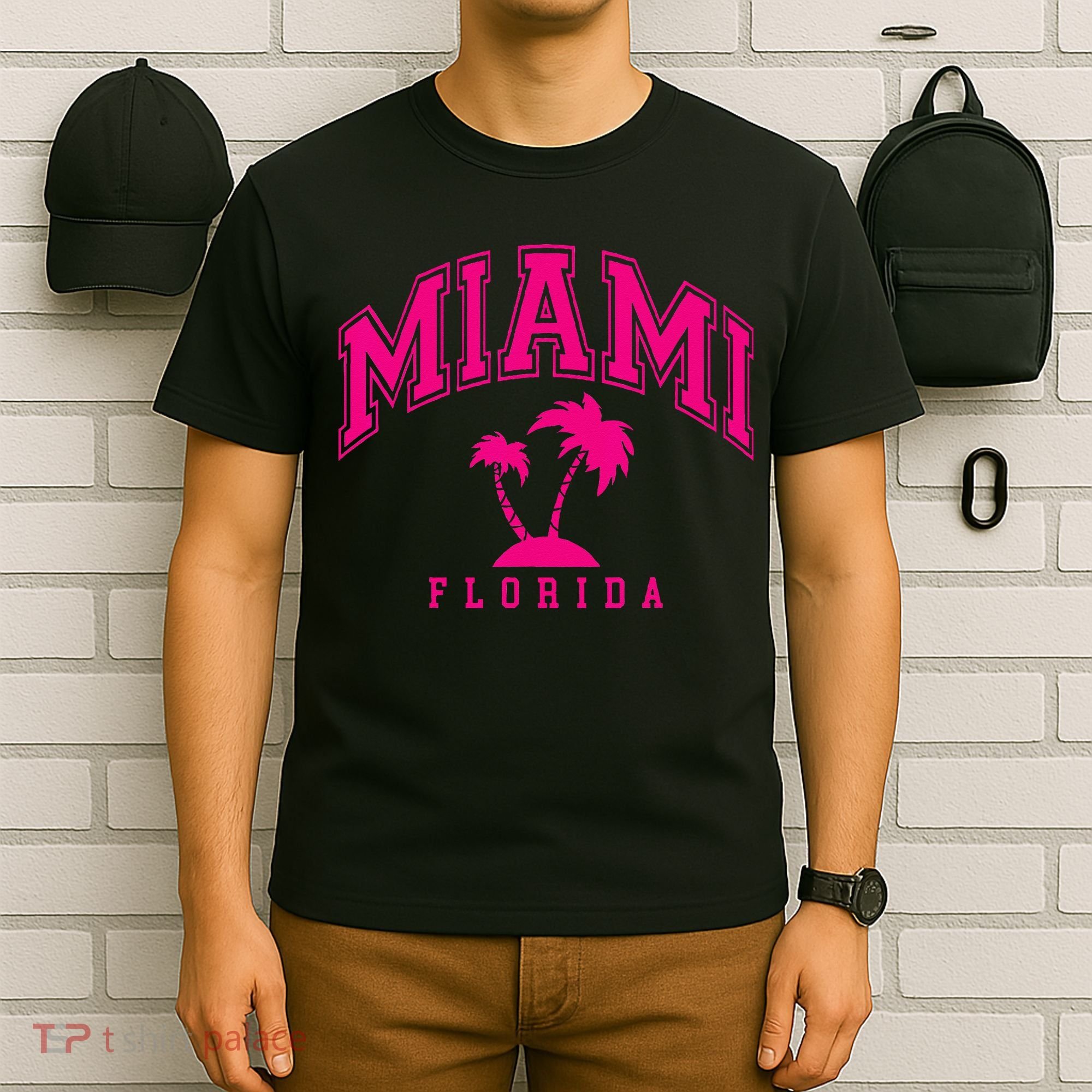 Miami Beach Florida Palms Palm Trees Preppy Varsity Pink T-Shirt
