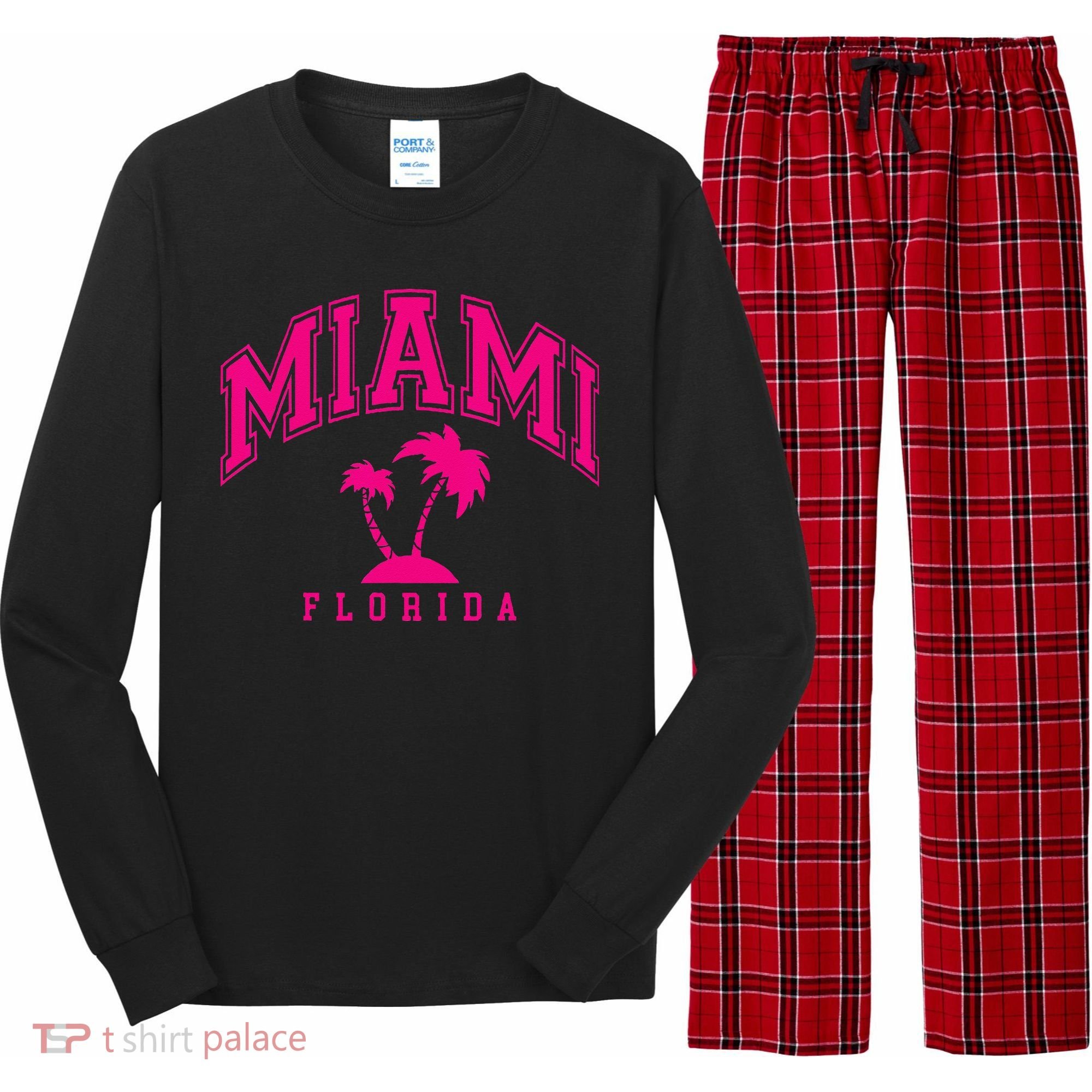 Miami Beach Florida Palms Palm Trees Preppy Varsity Pink Long Sleeve Pajama Set
