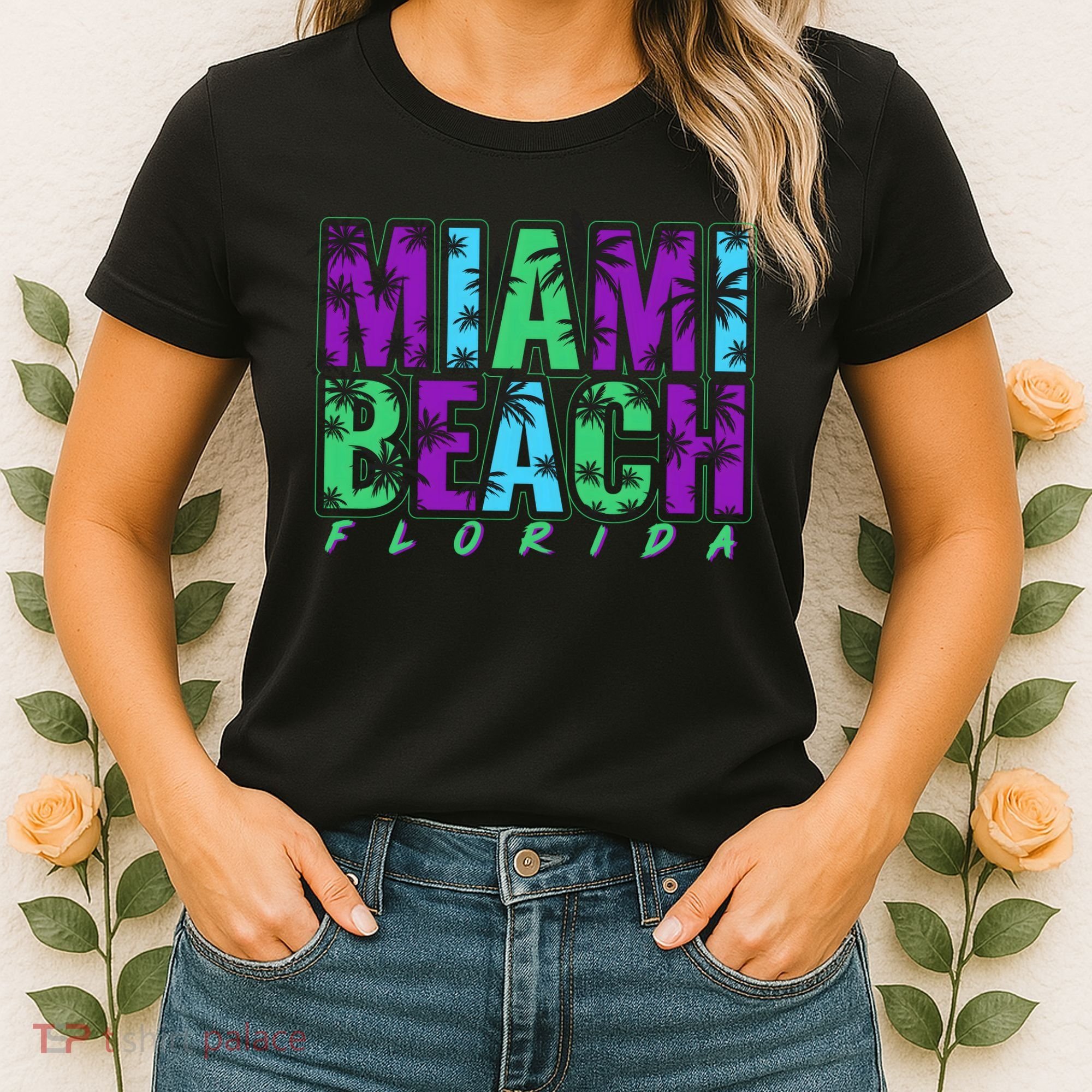 Miami Beach Floral Palm Trees Women's T-Shirt