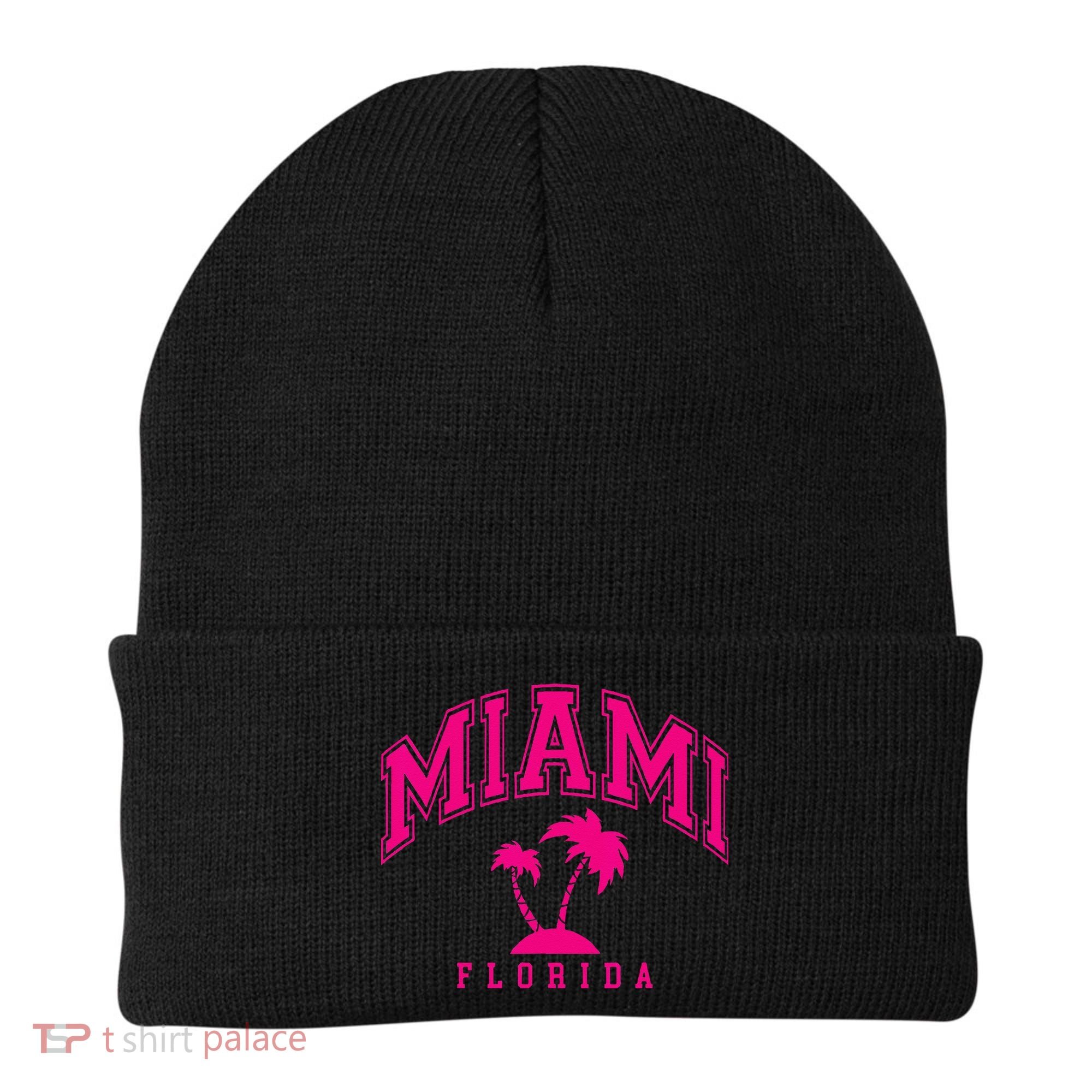 Miami Beach Florida Palms Palm Trees Preppy Varsity Pink Beanie