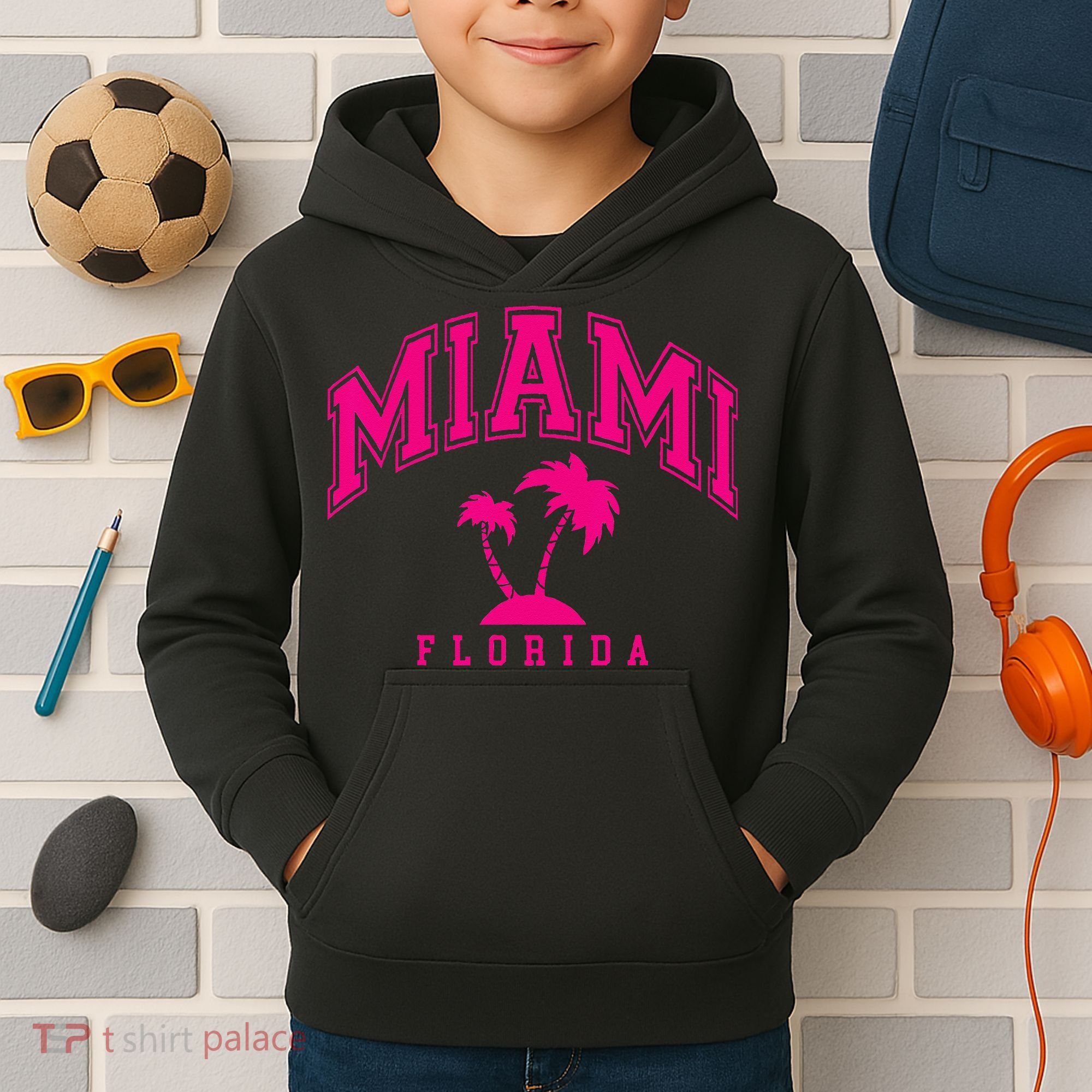 Miami Beach Florida Palms Palm Trees Preppy Varsity Pink Kids Hoodie