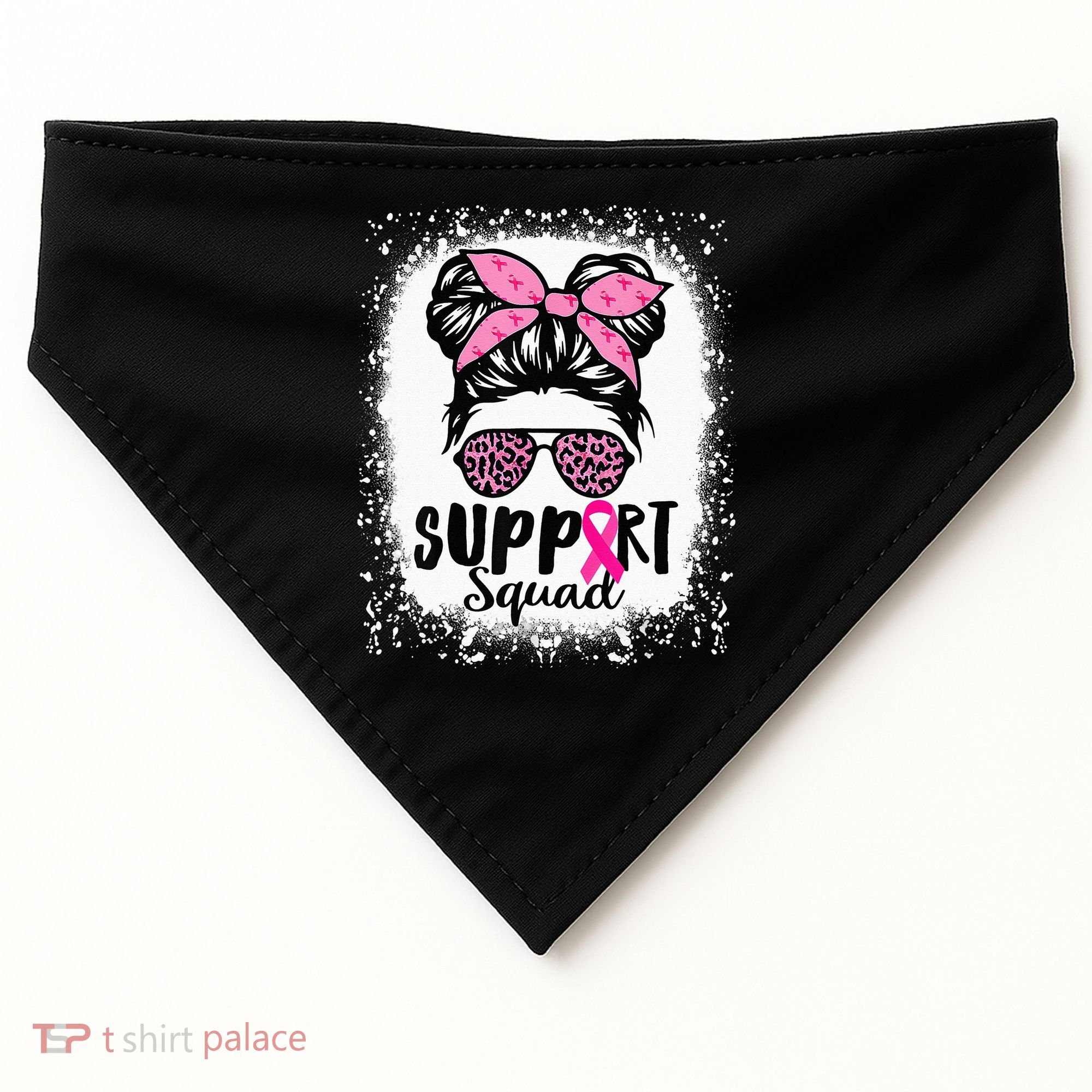 Messy Bun Glasses Pink Support Squad Breast Cancer Awareness USA-Made Doggie Bandana
