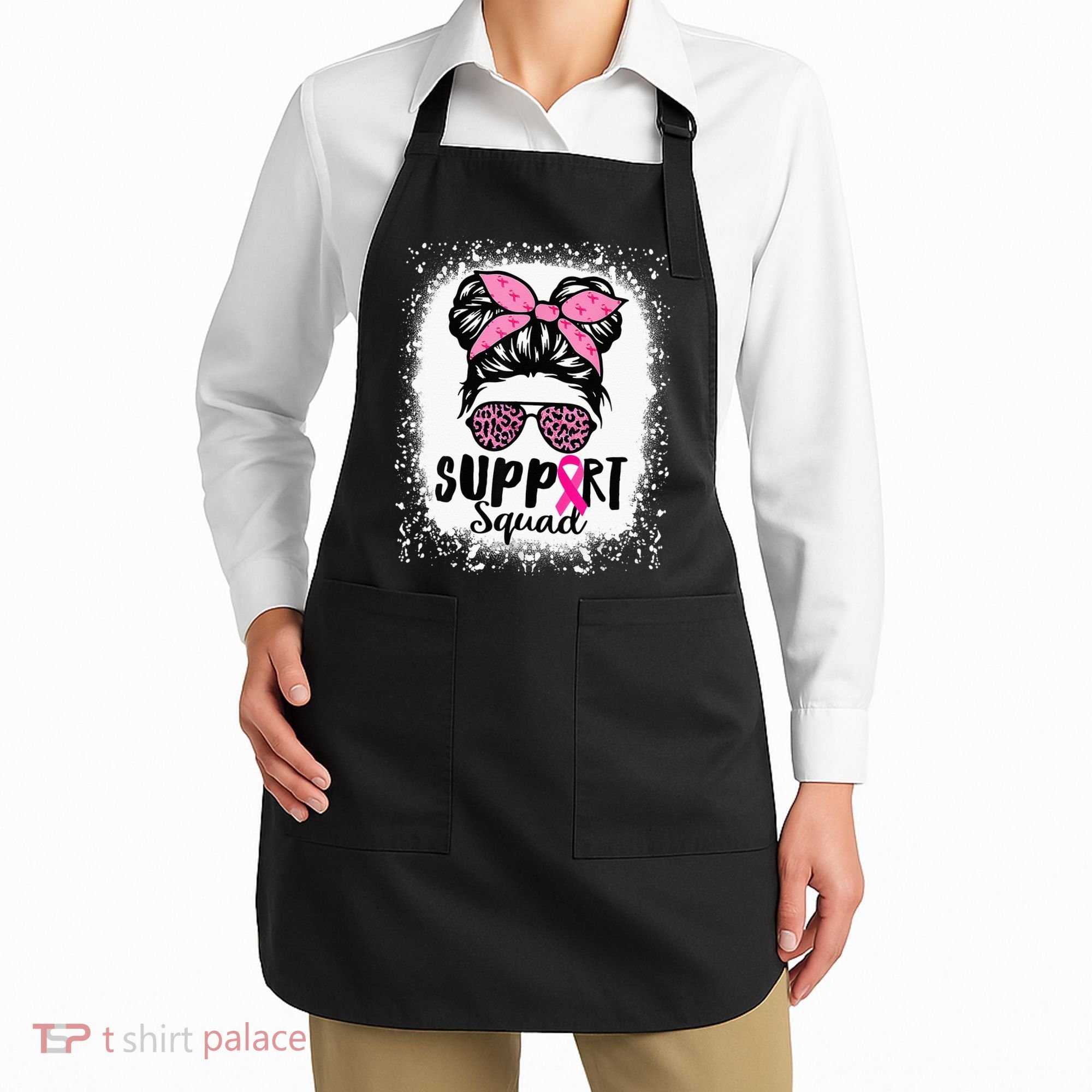 Messy Bun Glasses Pink Support Squad Breast Cancer Awareness Apron