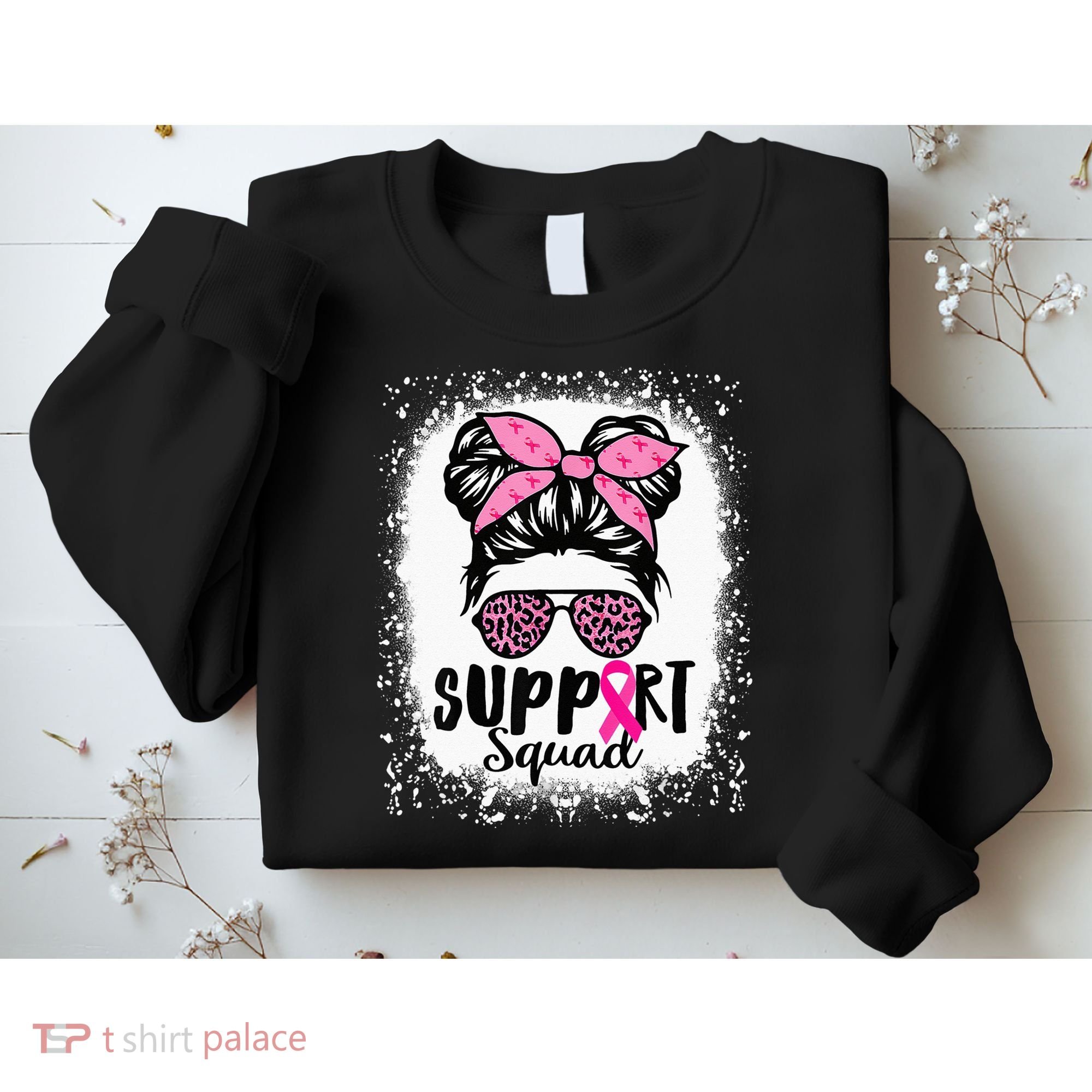 Messy Bun Glasses Pink Support Squad Breast Cancer Awareness Sweatshirt