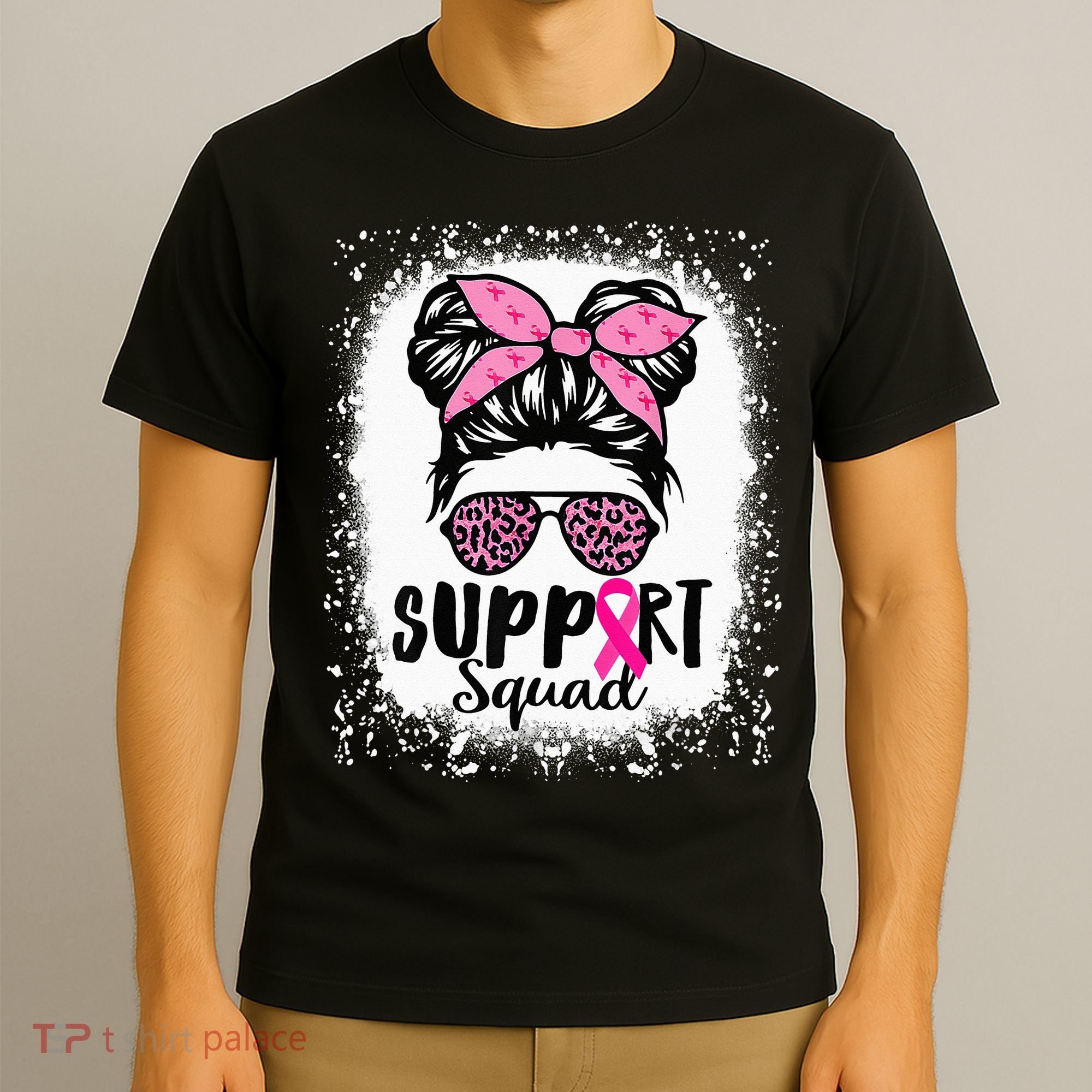 Messy Bun Glasses Pink Support Squad Breast Cancer Awareness T-Shirt