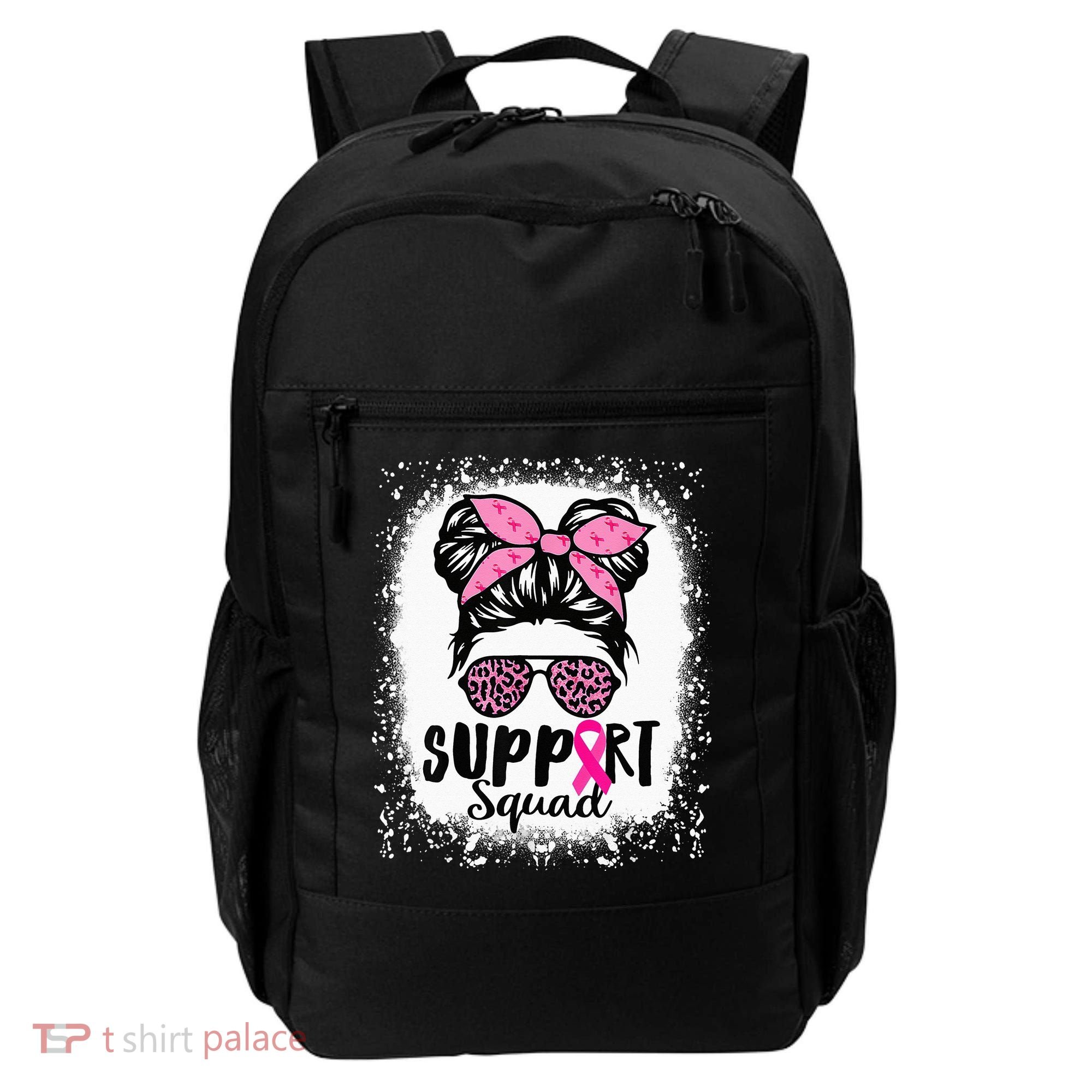 Messy Bun Glasses Pink Support Squad Breast Cancer Awareness Backpack