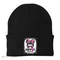 Messy Bun Glasses Pink Support Squad Breast Cancer Awareness Beanie thumb 0
