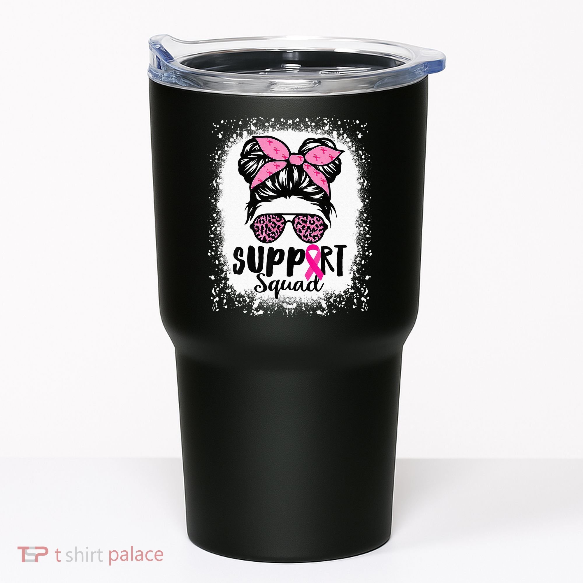 Messy Bun Glasses Pink Support Squad Breast Cancer Awareness Tumbler