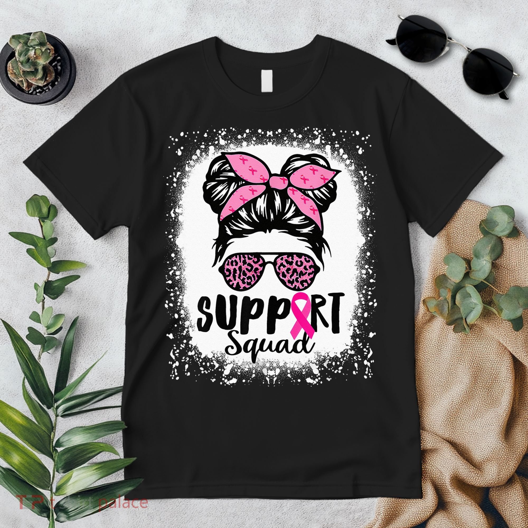 Messy Bun Glasses Pink Support Squad Breast Cancer Awareness Premium T-Shirt