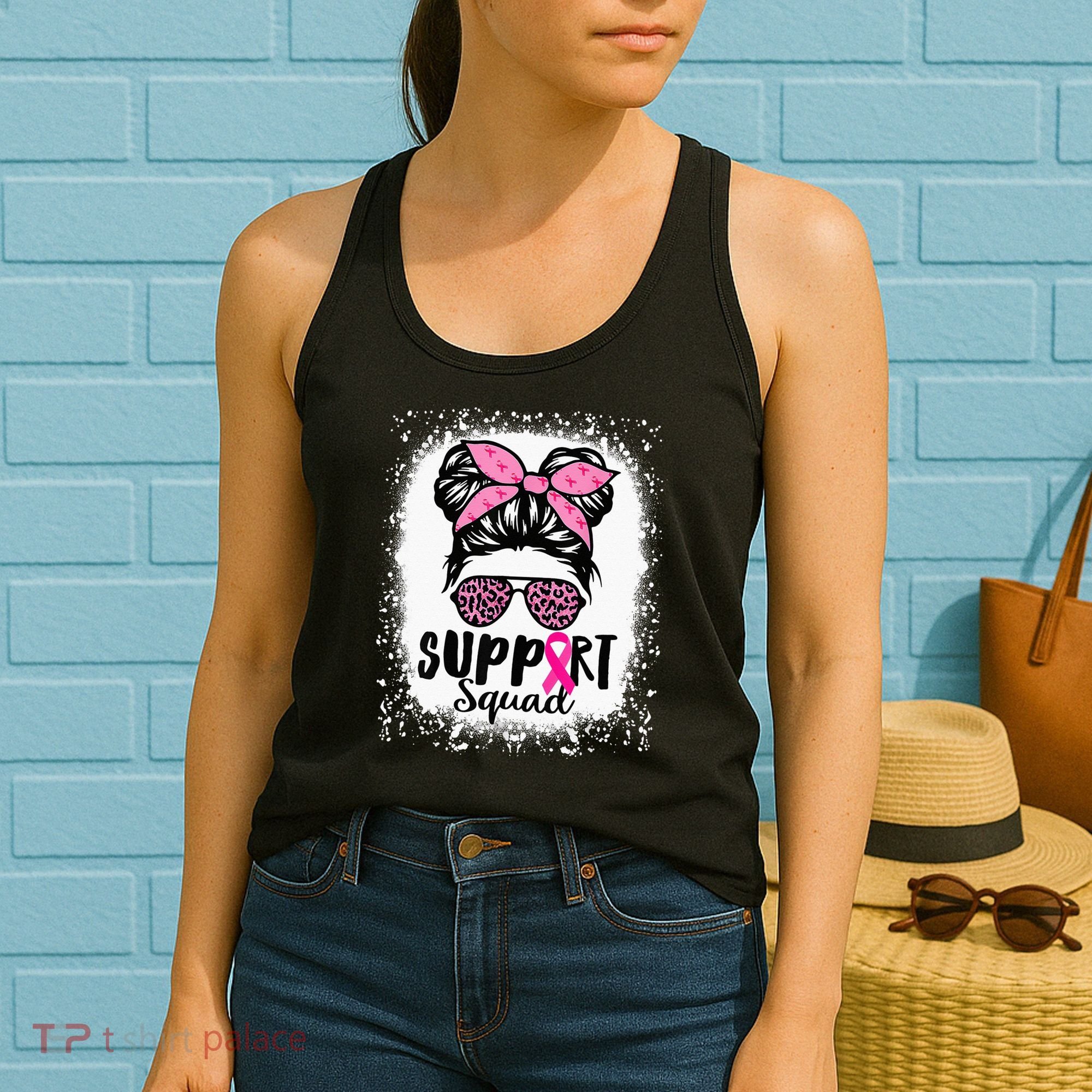 Messy Bun Glasses Pink Support Squad Breast Cancer Awareness Women's Tank Top
