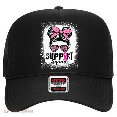 Messy Bun Glasses Pink Support Squad Breast Cancer Awareness Hat