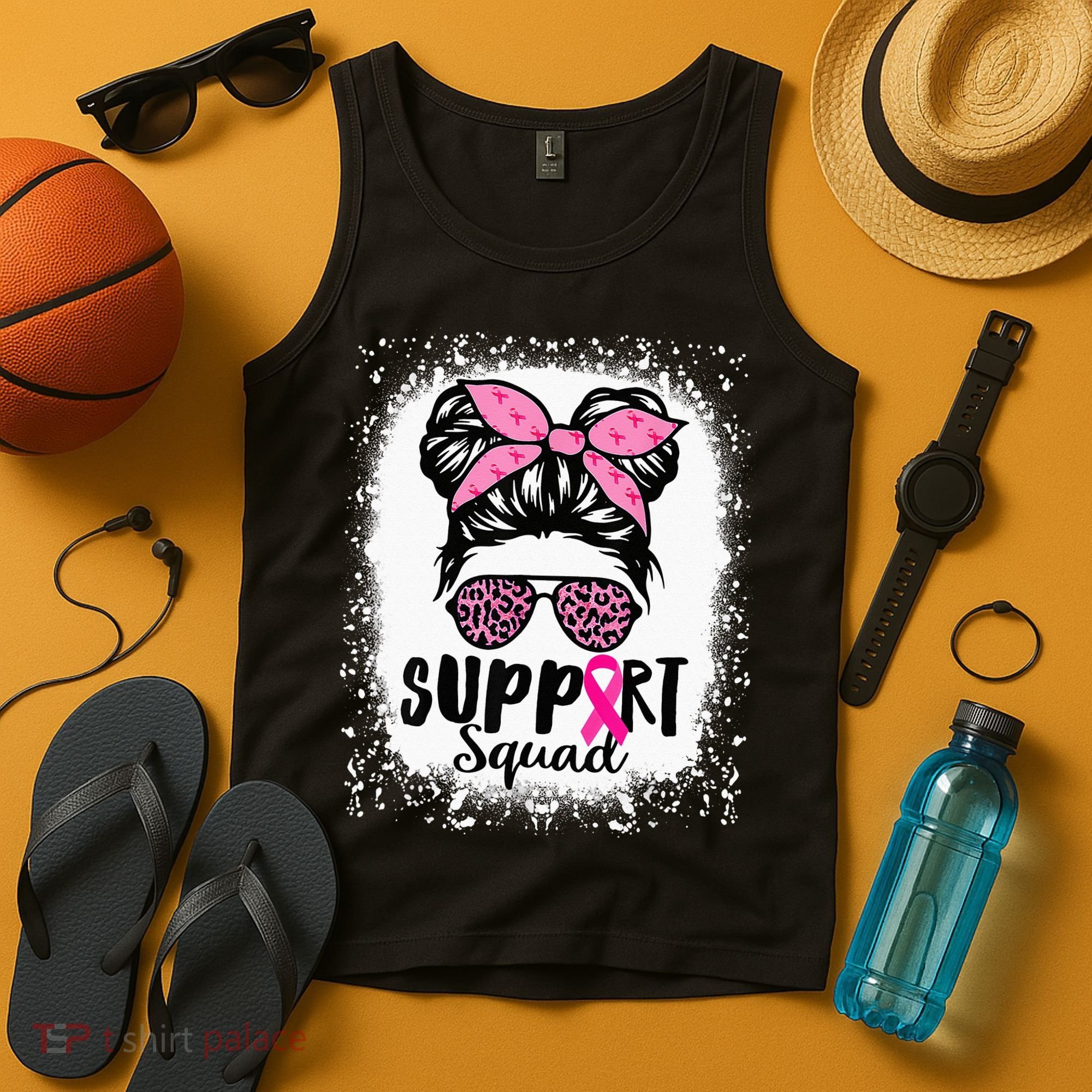 Messy Bun Glasses Pink Support Squad Breast Cancer Awareness Tank Top