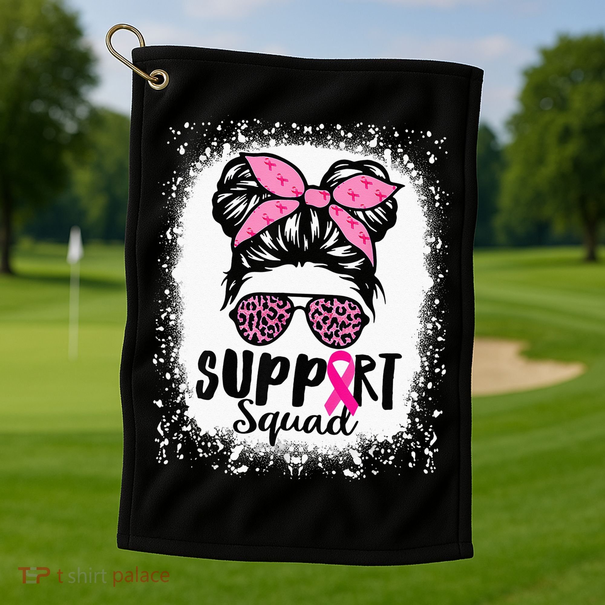 Messy Bun Glasses Pink Support Squad Breast Cancer Awareness Golf Towel