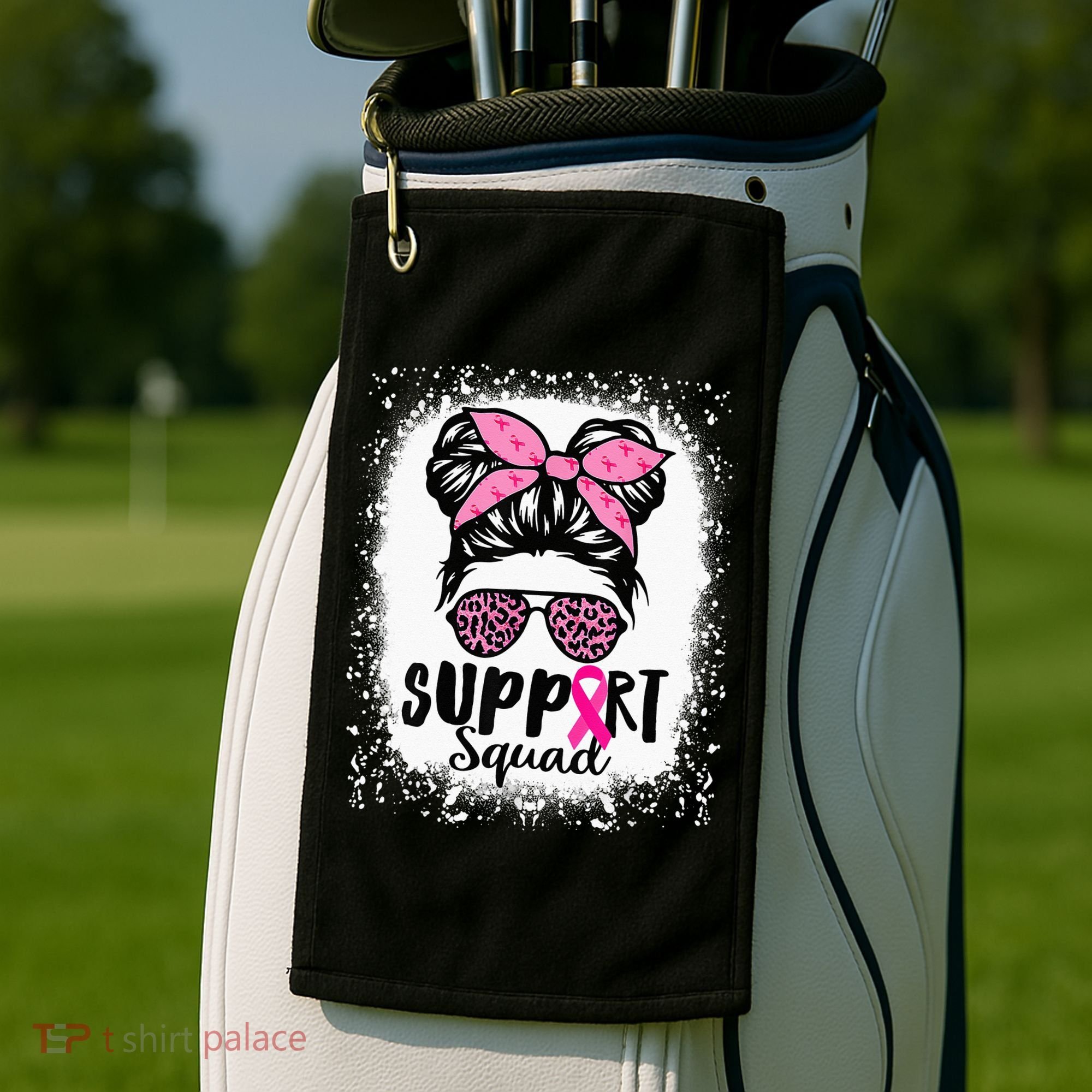 Messy Bun Glasses Pink Support Squad Breast Cancer Awareness Golf Towel