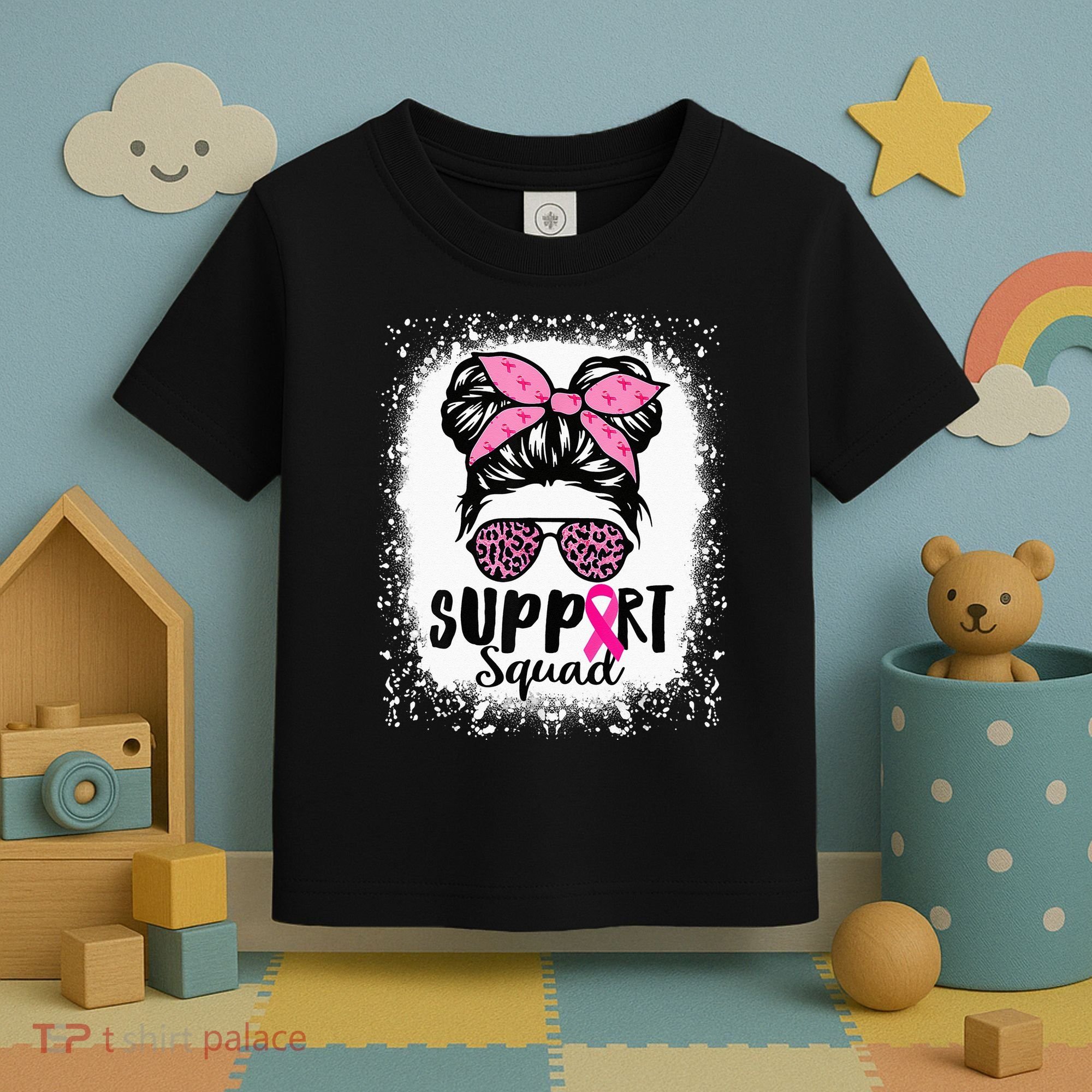 Messy Bun Glasses Pink Support Squad Breast Cancer Awareness Toddler T-Shirt