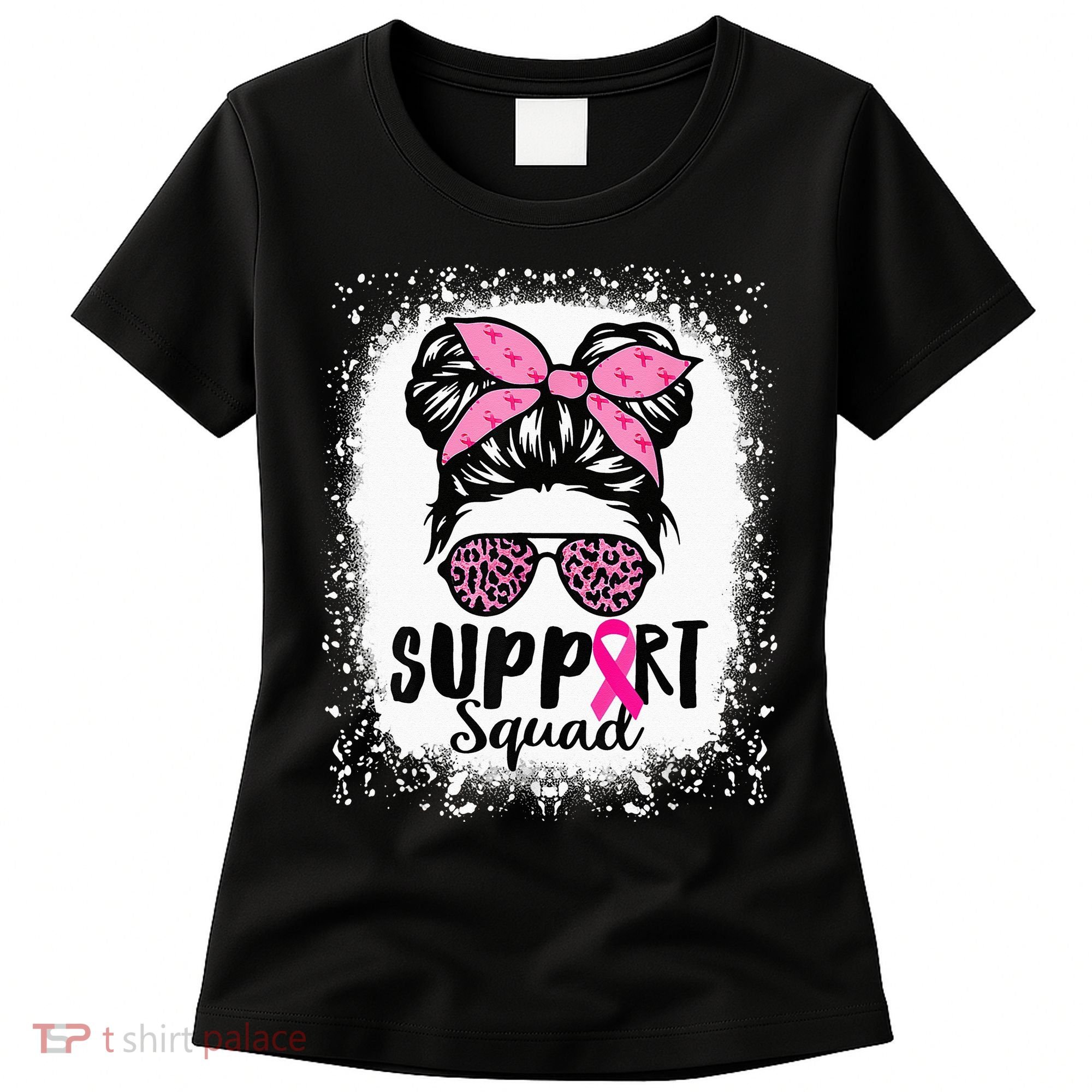 Messy Bun Glasses Pink Support Squad Breast Cancer Awareness Women's T-Shirt