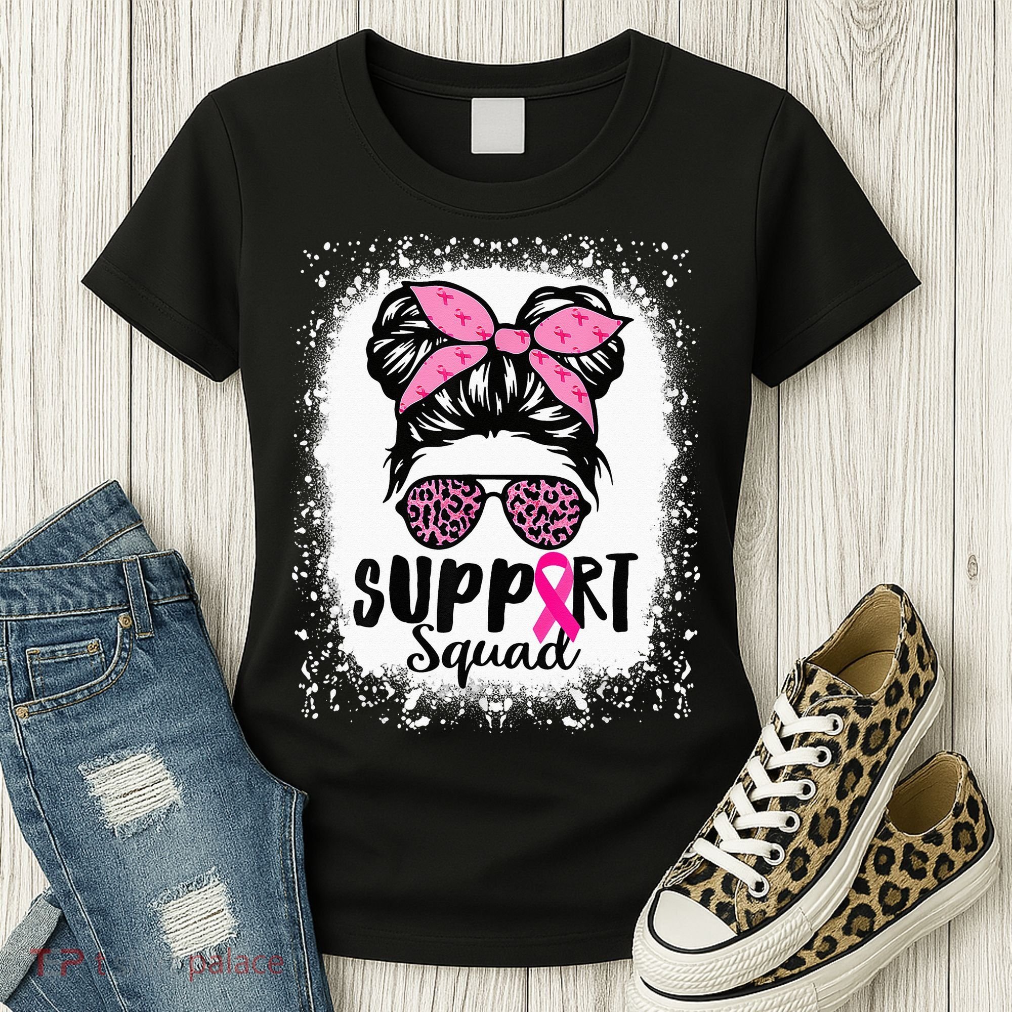 Messy Bun Glasses Pink Support Squad Breast Cancer Awareness Women's T-Shirt