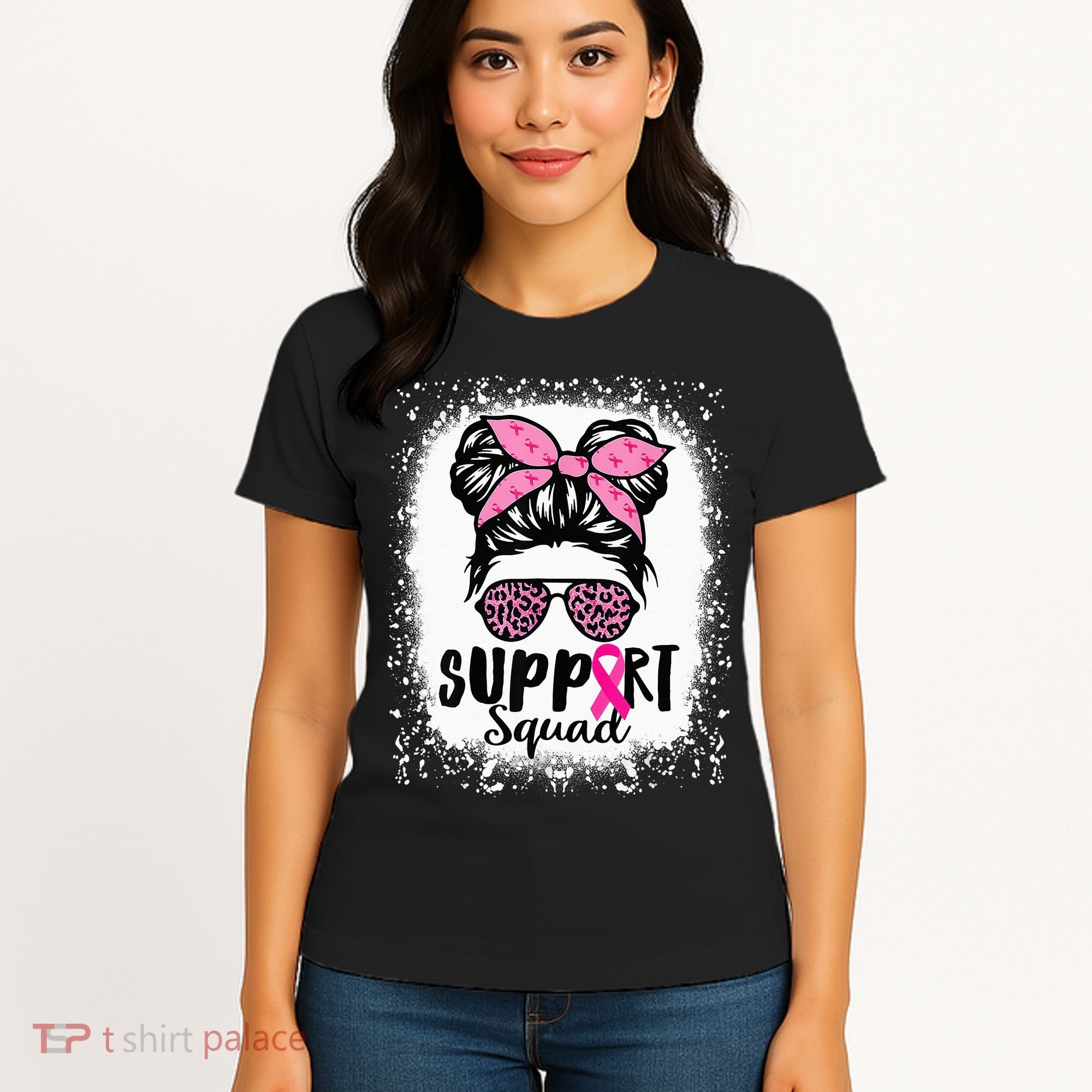 Messy Bun Glasses Pink Support Squad Breast Cancer Awareness Women's T-Shirt