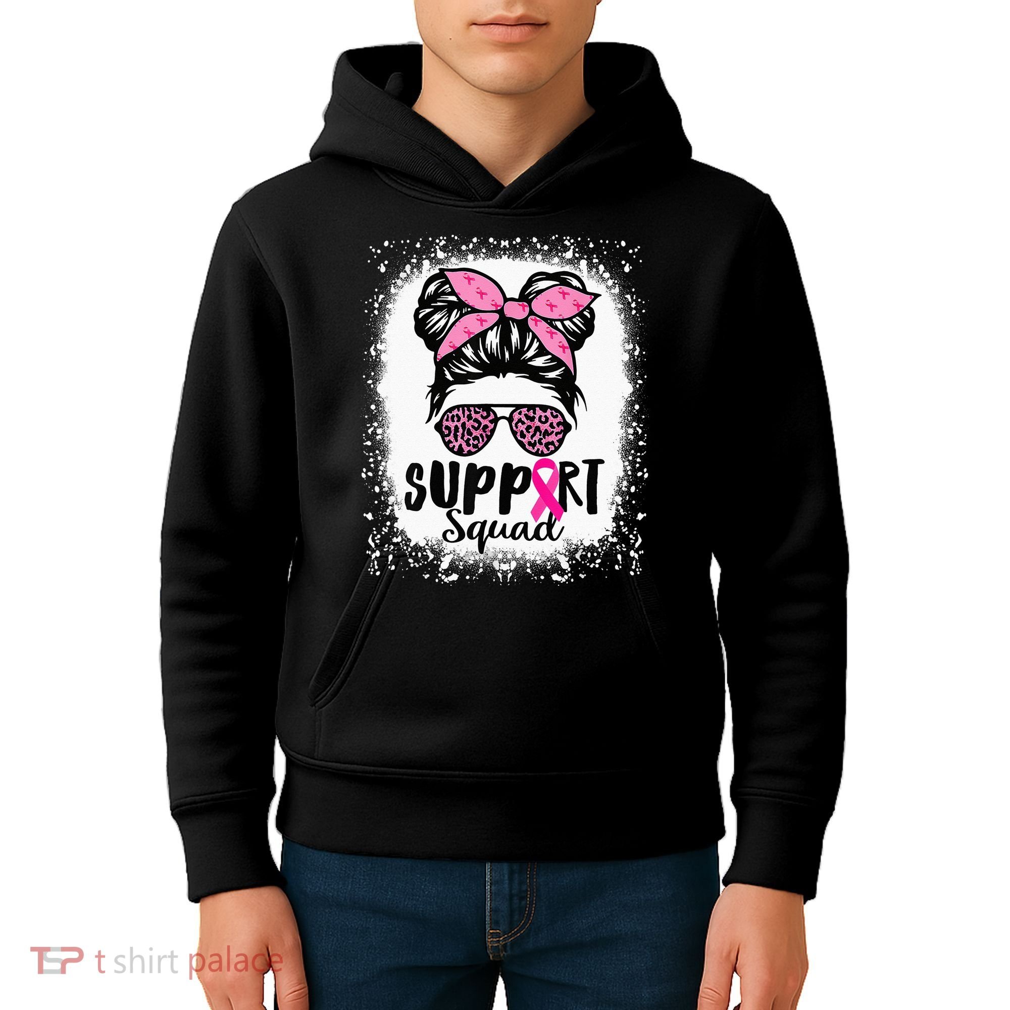 Messy Bun Glasses Pink Support Squad Breast Cancer Awareness Kids Hoodie