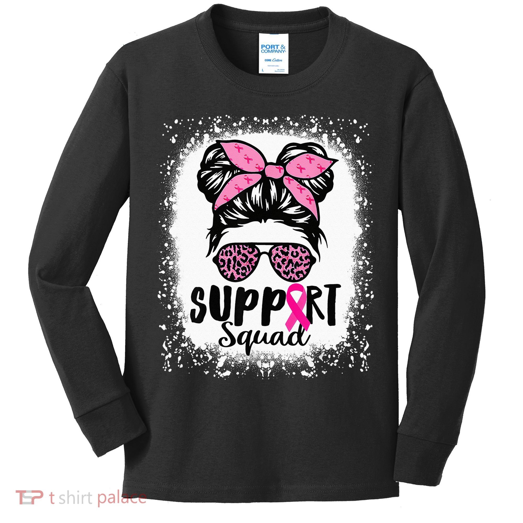 Messy Bun Glasses Pink Support Squad Breast Cancer Awareness Kids Long Sleeve Shirt