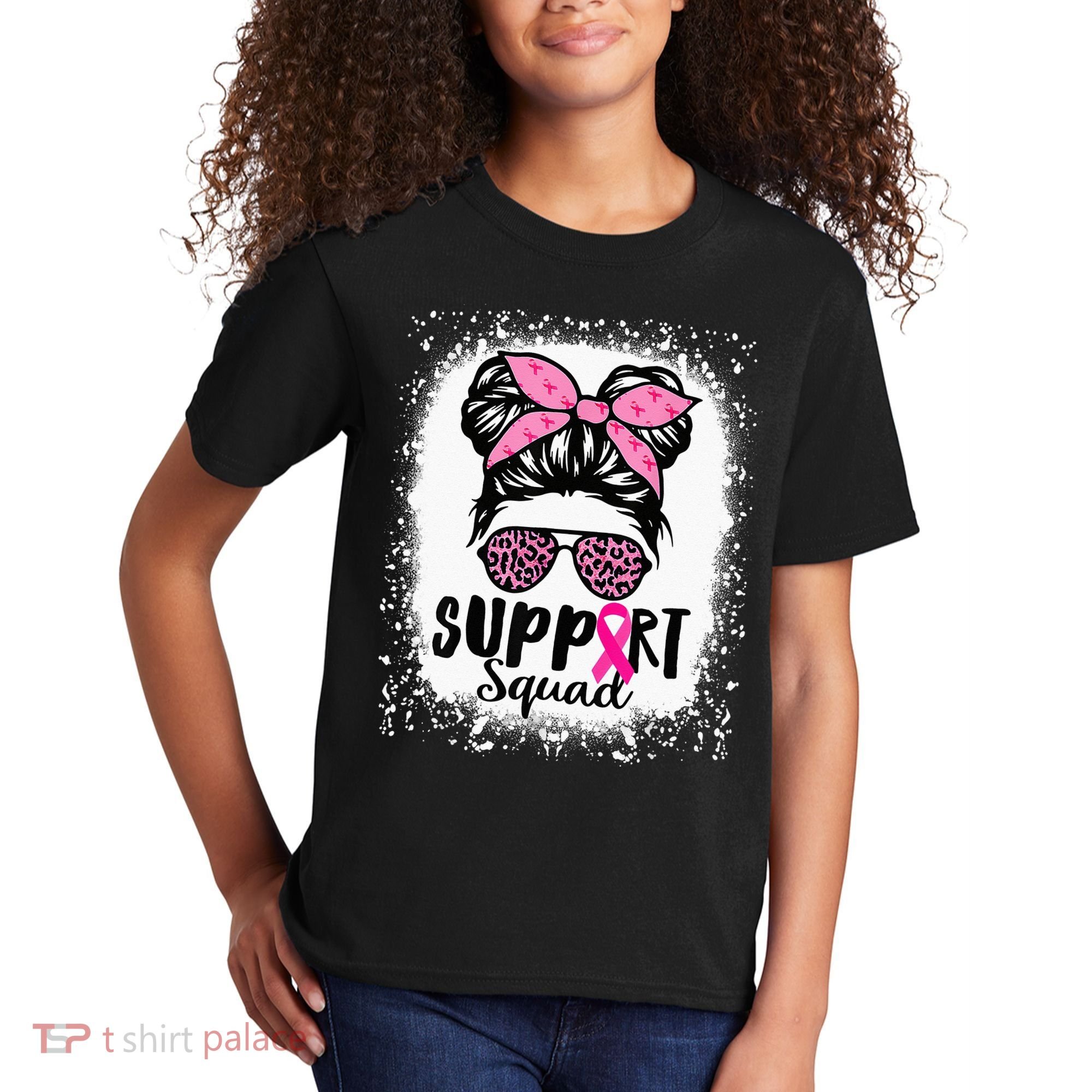 Messy Bun Glasses Pink Support Squad Breast Cancer Awareness Kids T-Shirt
