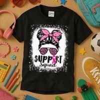 Messy Bun Glasses Pink Support Squad Breast Cancer Awareness Kids T-Shirt thumb 3
