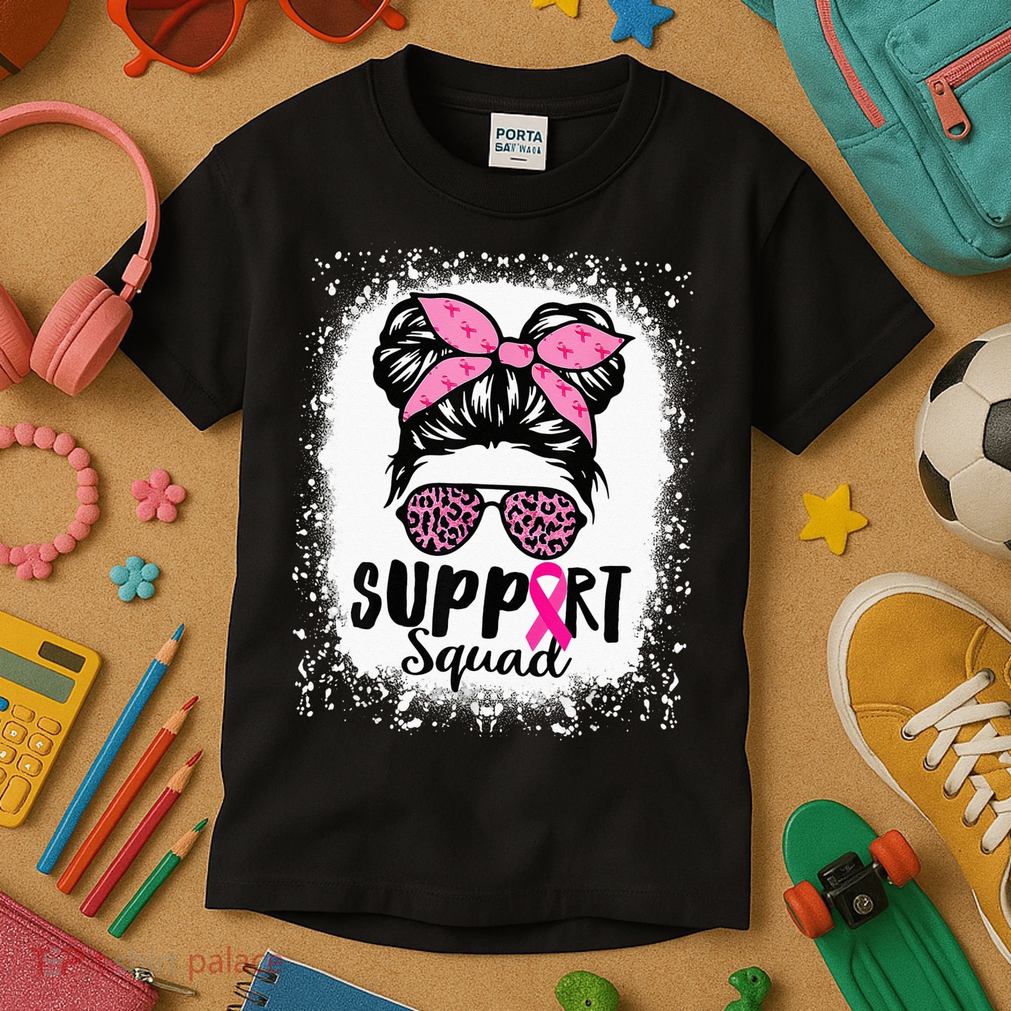 Messy Bun Glasses Pink Support Squad Breast Cancer Awareness Kids T-Shirt