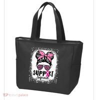 Messy Bun Glasses Pink Support Squad Breast Cancer Awareness Tote Bag thumb 3