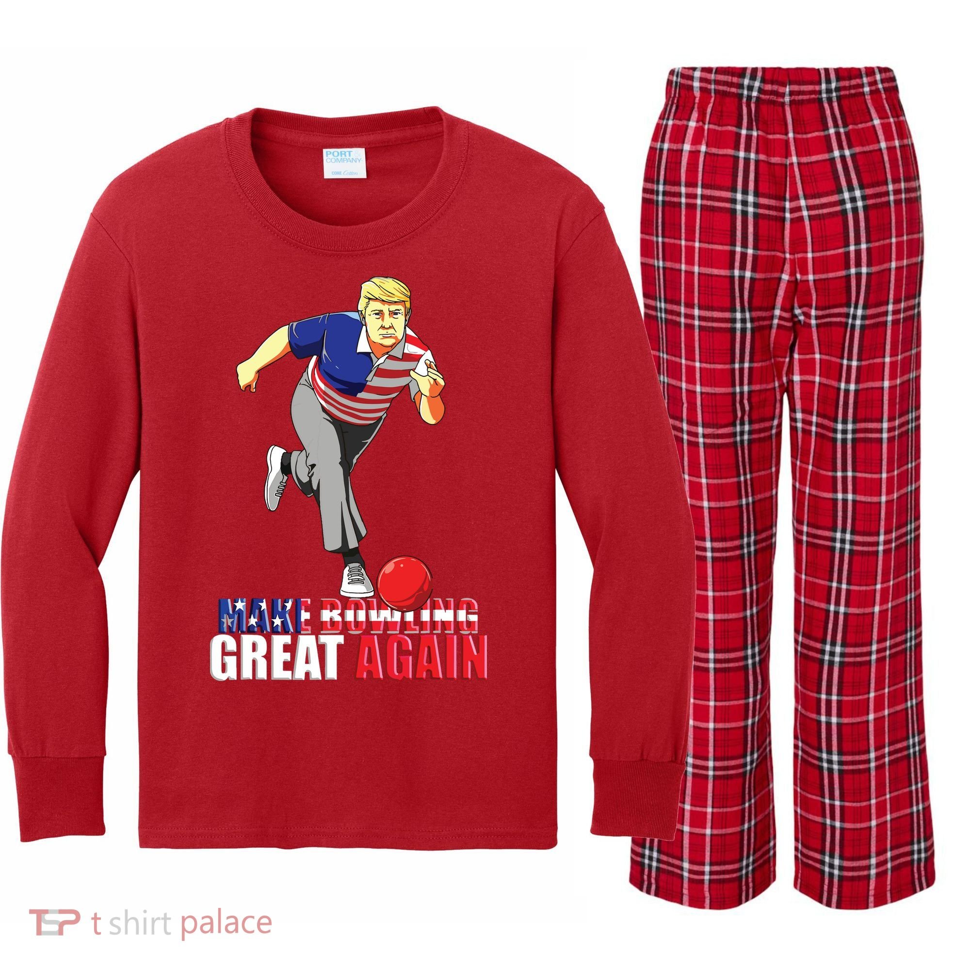 Make Bowling Great Again Funny Trump Bowling Gift Kids Long Sleeve Plaid Pajama Set